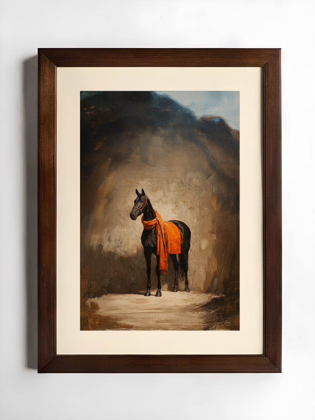 Framed painting of a horse with an orange blanket against a textured wall.