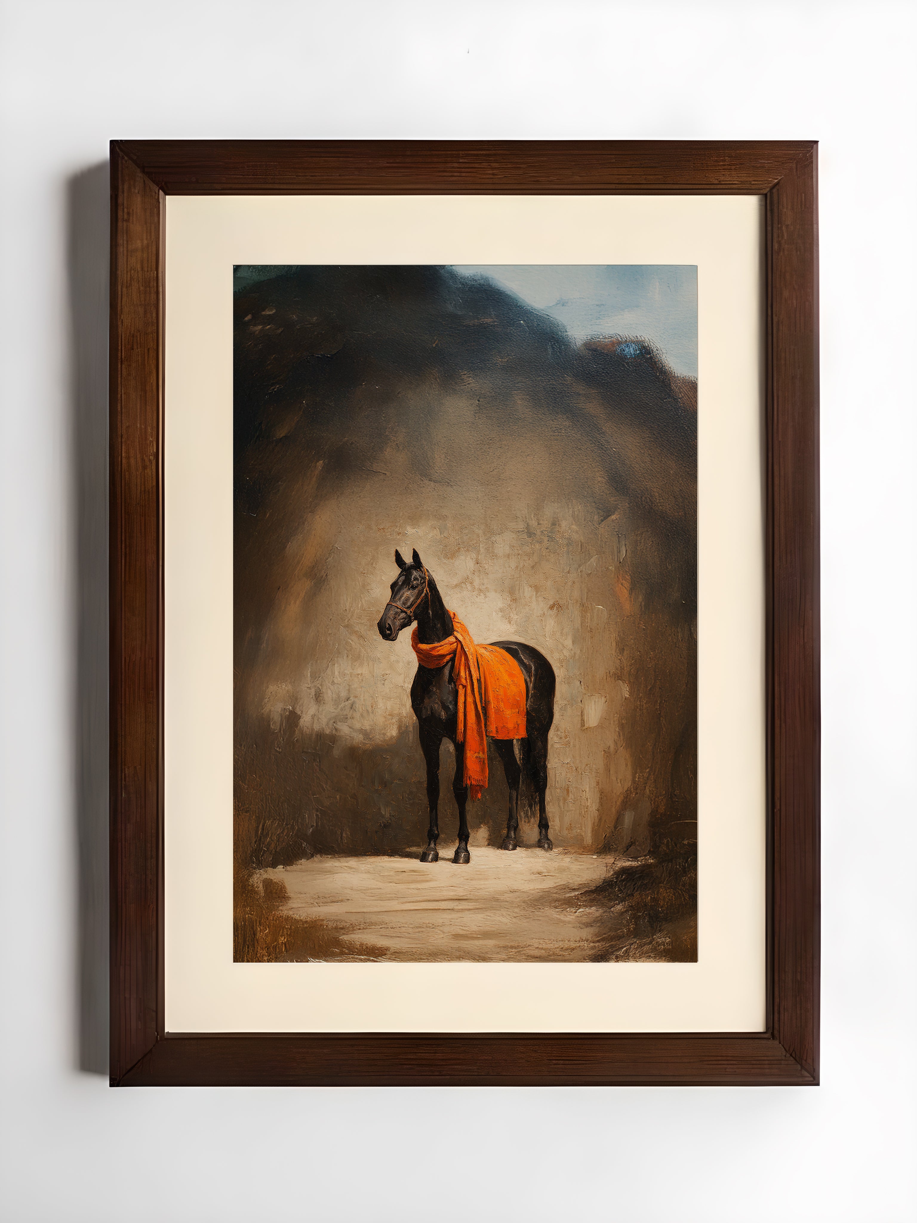Framed painting of a horse with an orange blanket against a textured wall.