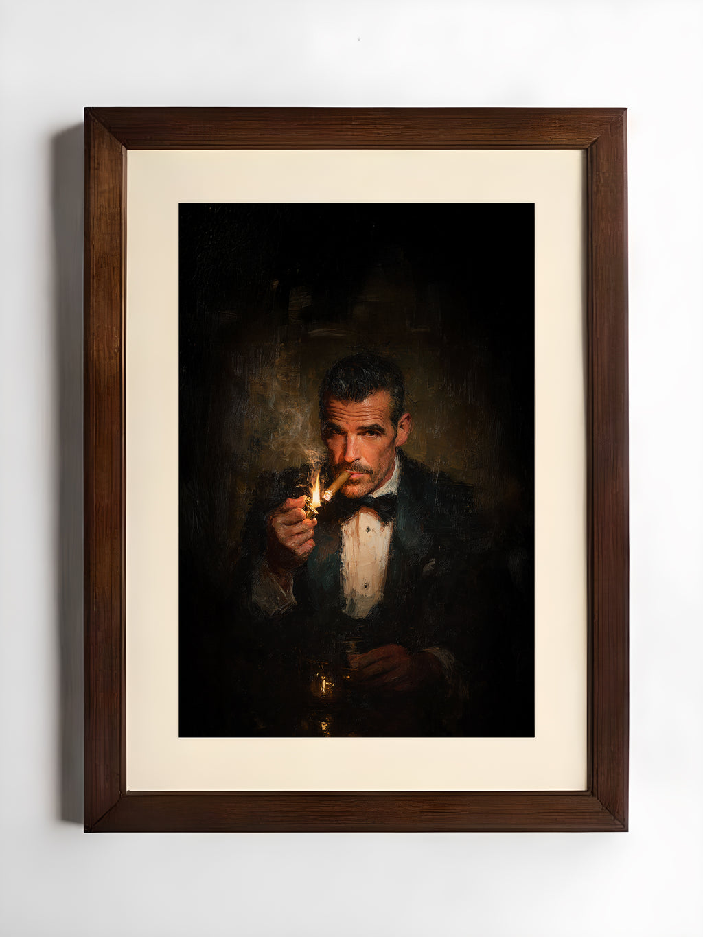 Framed artwork of a man holding a glass against a dark background