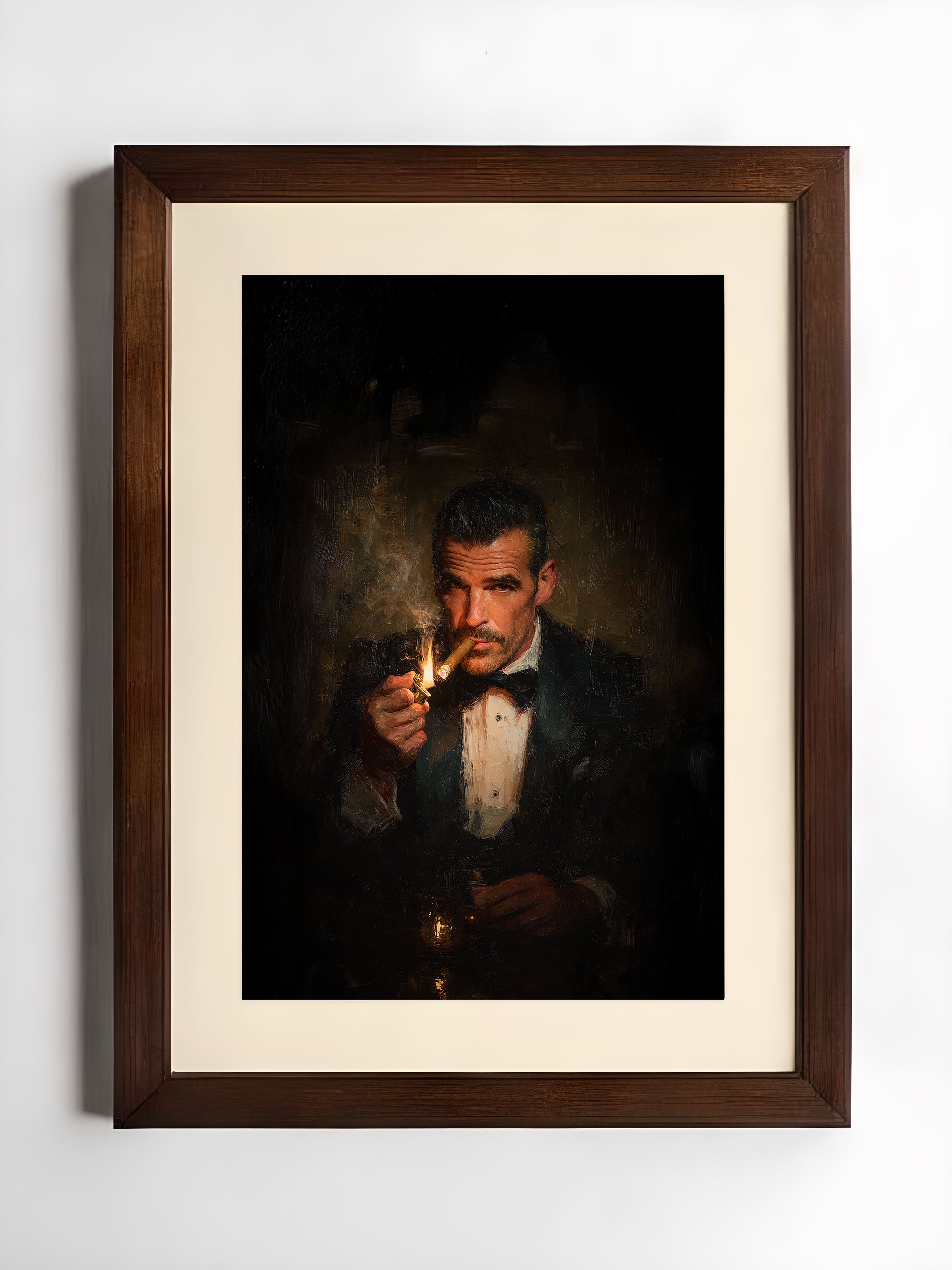 Framed artwork of a man holding a glass against a dark background