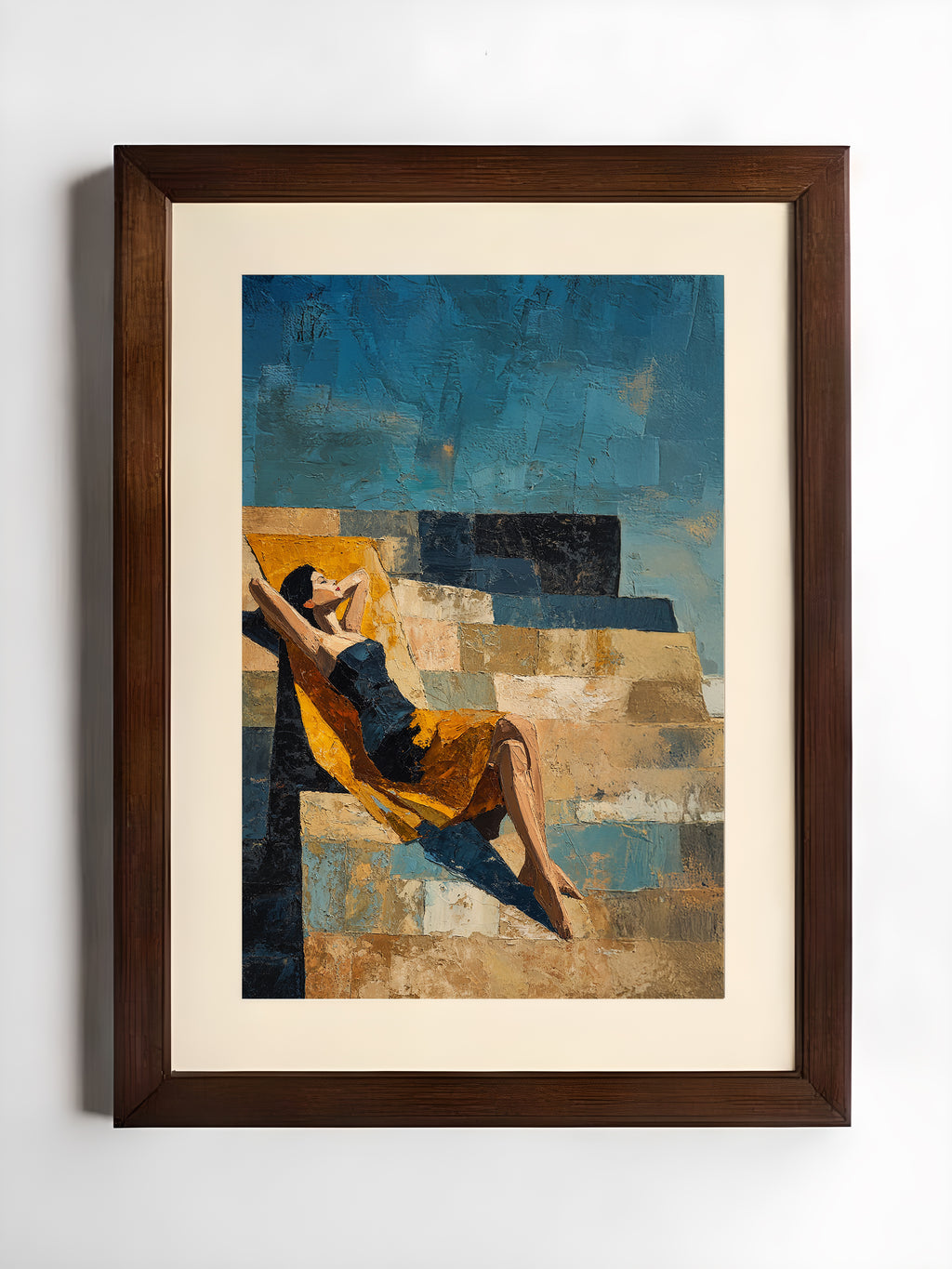 Framed abstract artwork with a woman sitting on a bench against a blue and brown background.