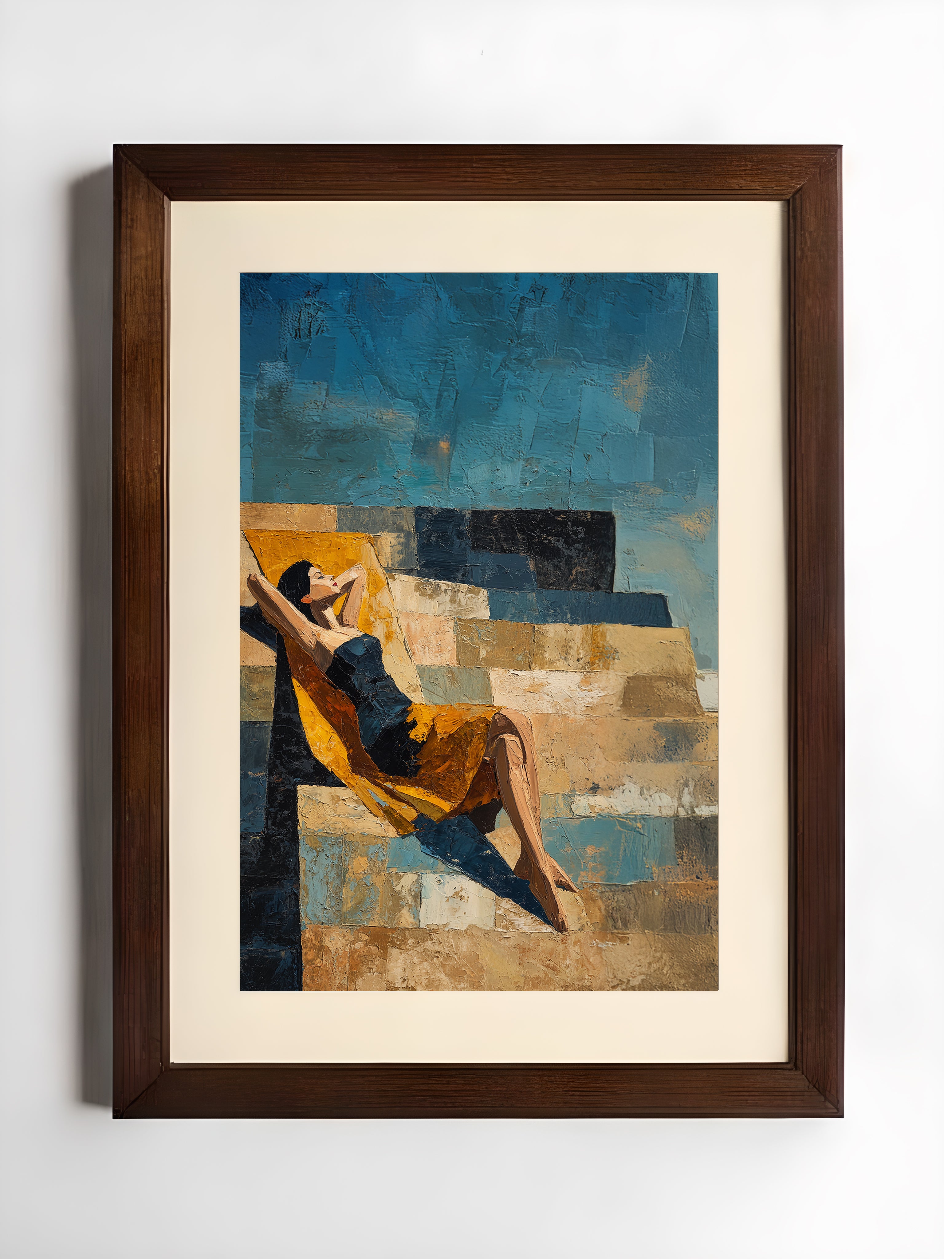 Framed abstract artwork with a woman sitting on a bench against a blue and brown background.