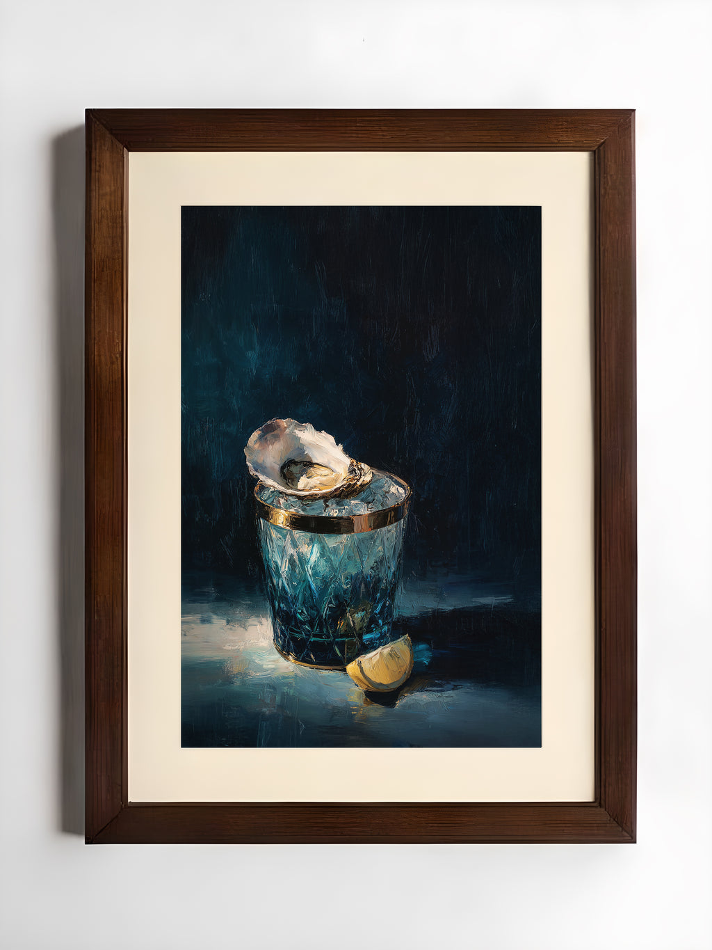 luxury still life oil painting of an oyster on ice in a blue cut glass vessel with lemon slice, dark moody background, elegant wall art
