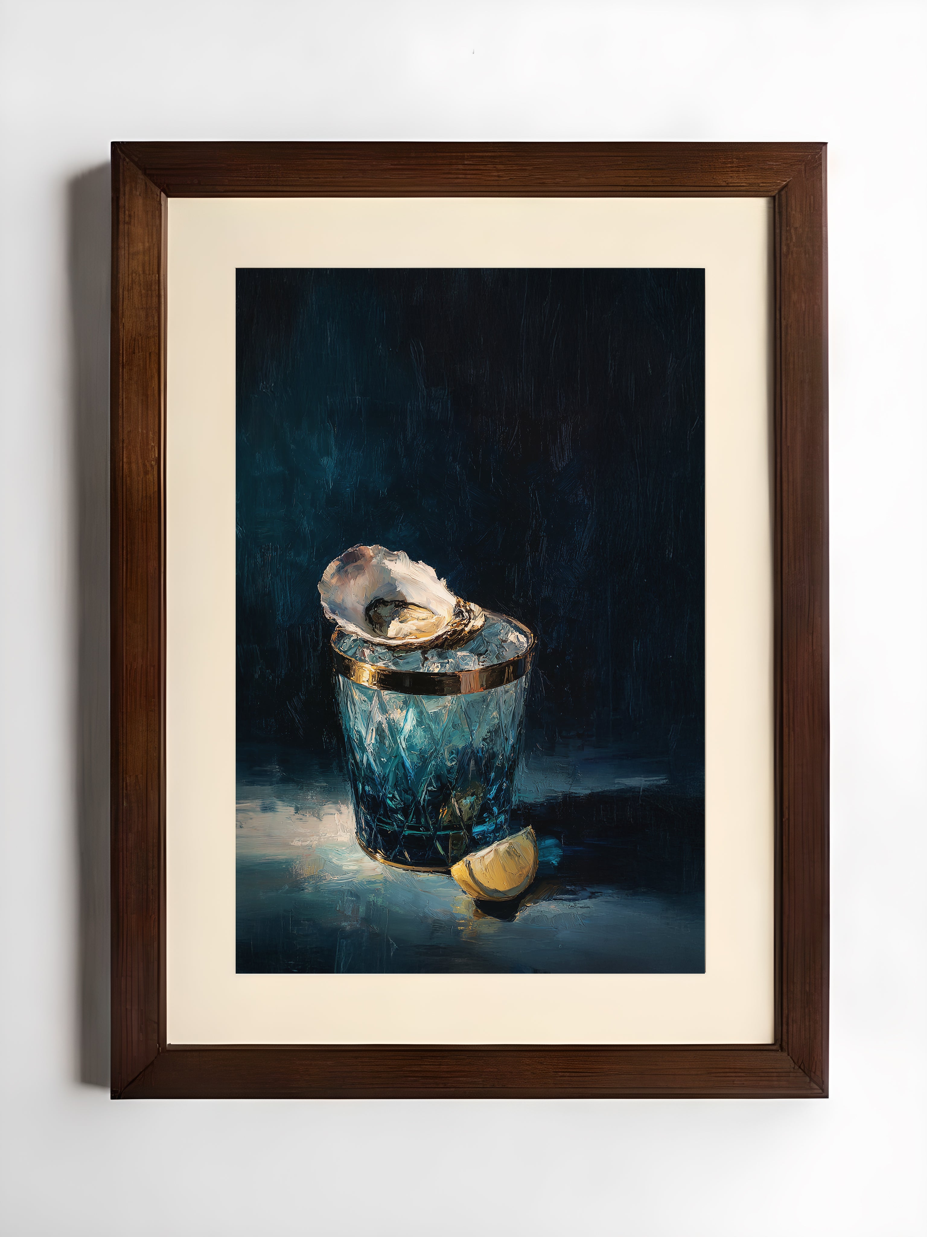 luxury still life oil painting of an oyster on ice in a blue cut glass vessel with lemon slice, dark moody background, elegant wall art
