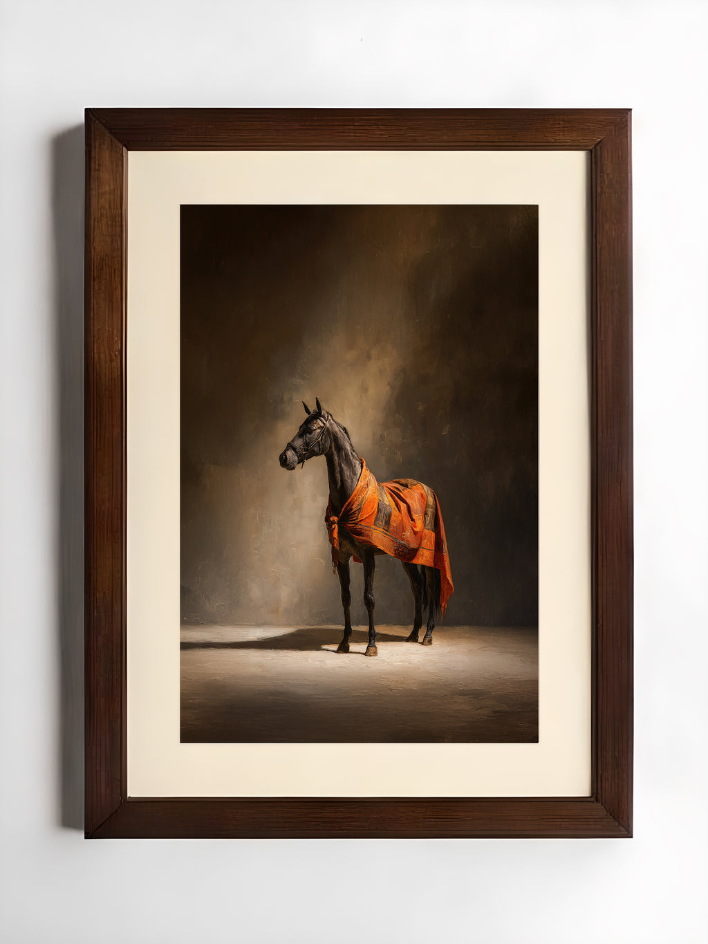 Framed artwork of a horse draped in an orange blanket against a dark background