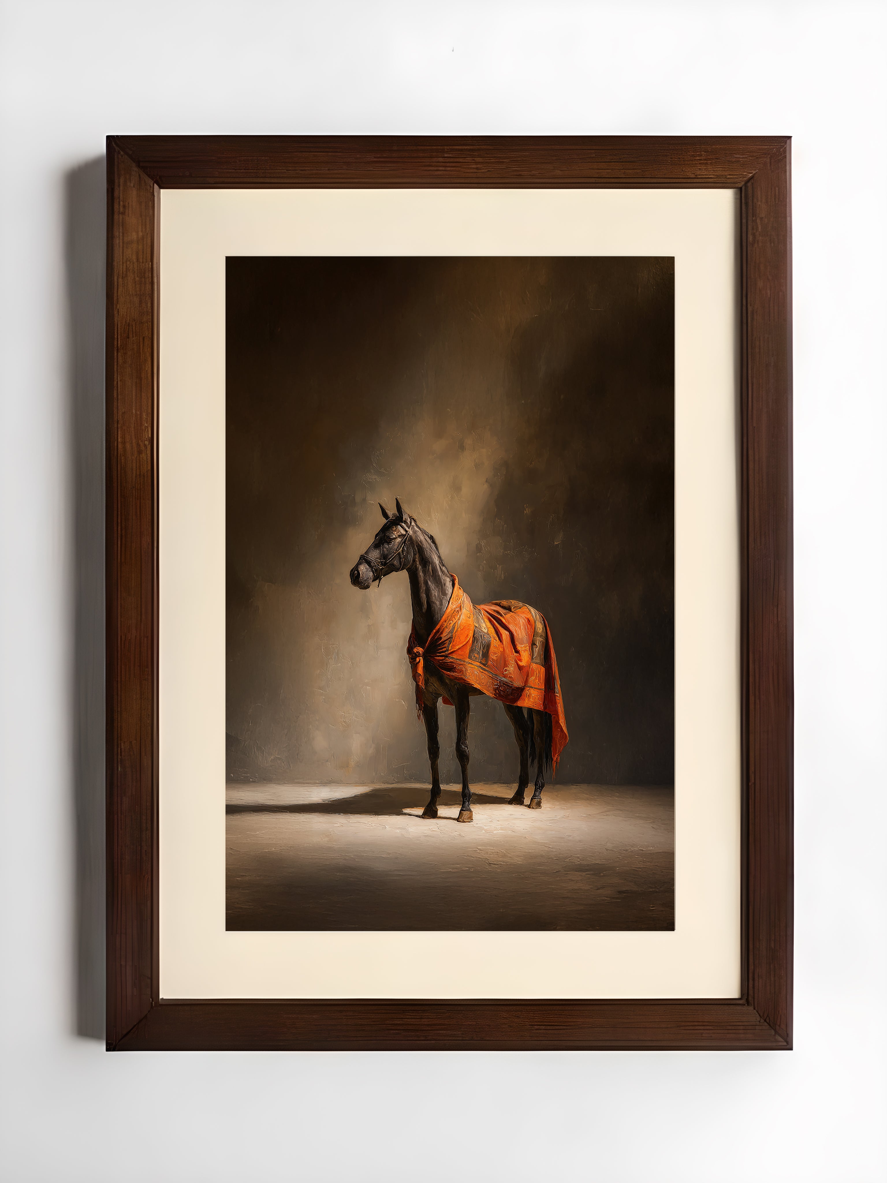 Framed artwork of a horse draped in an orange blanket against a dark background