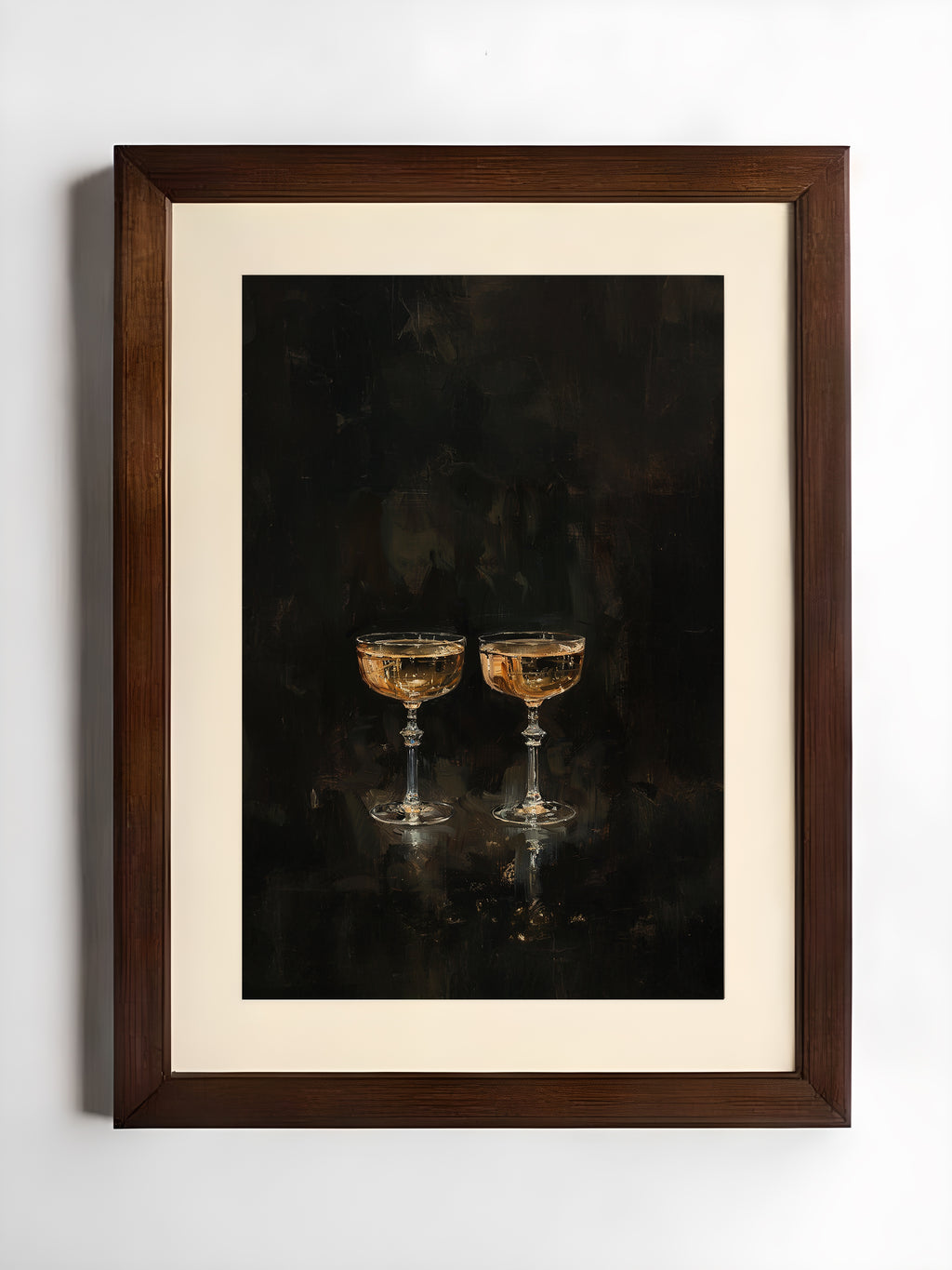 Framed artwork of two gold goblets on a dark background