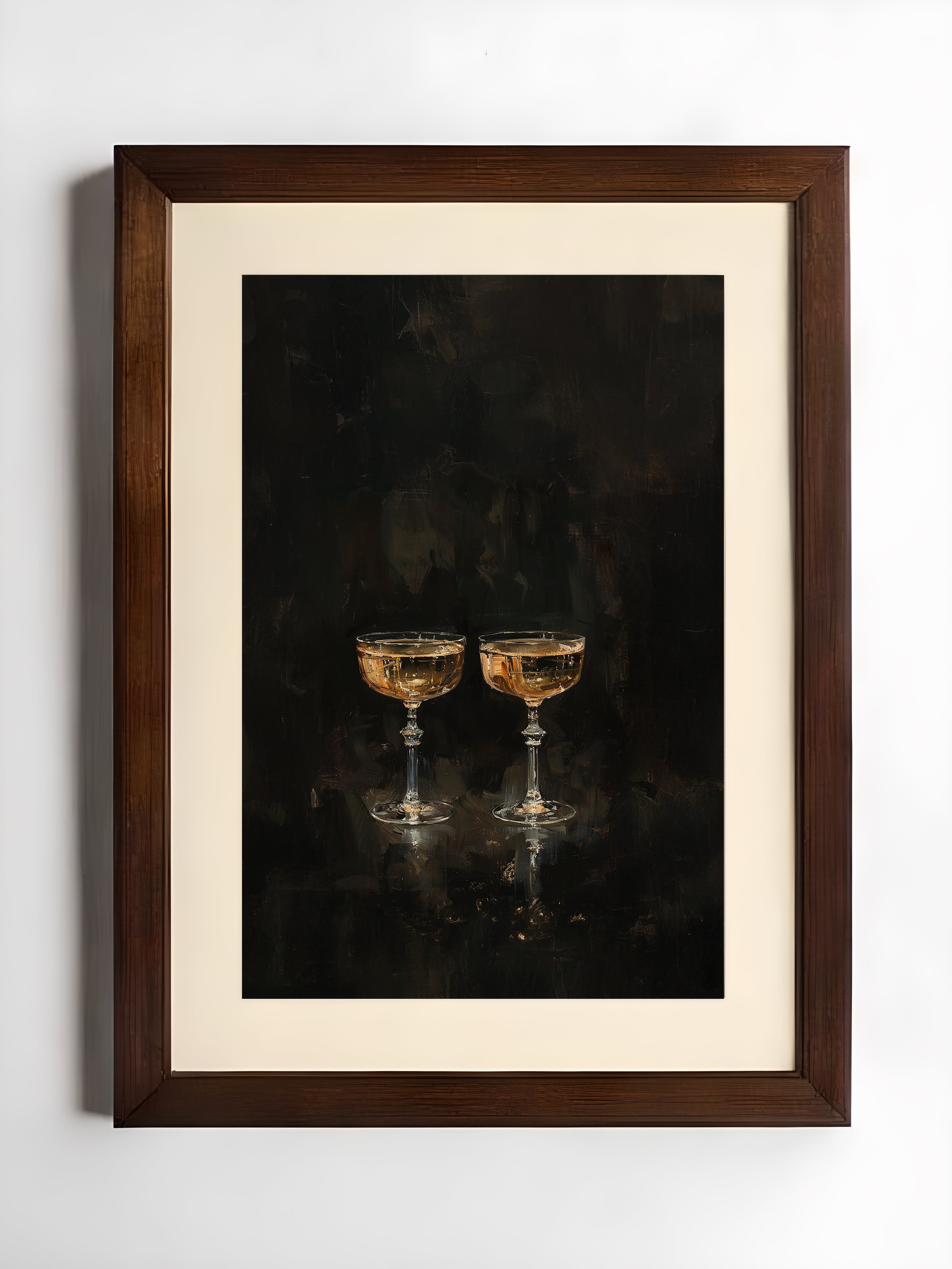 Framed artwork of two gold goblets on a dark background