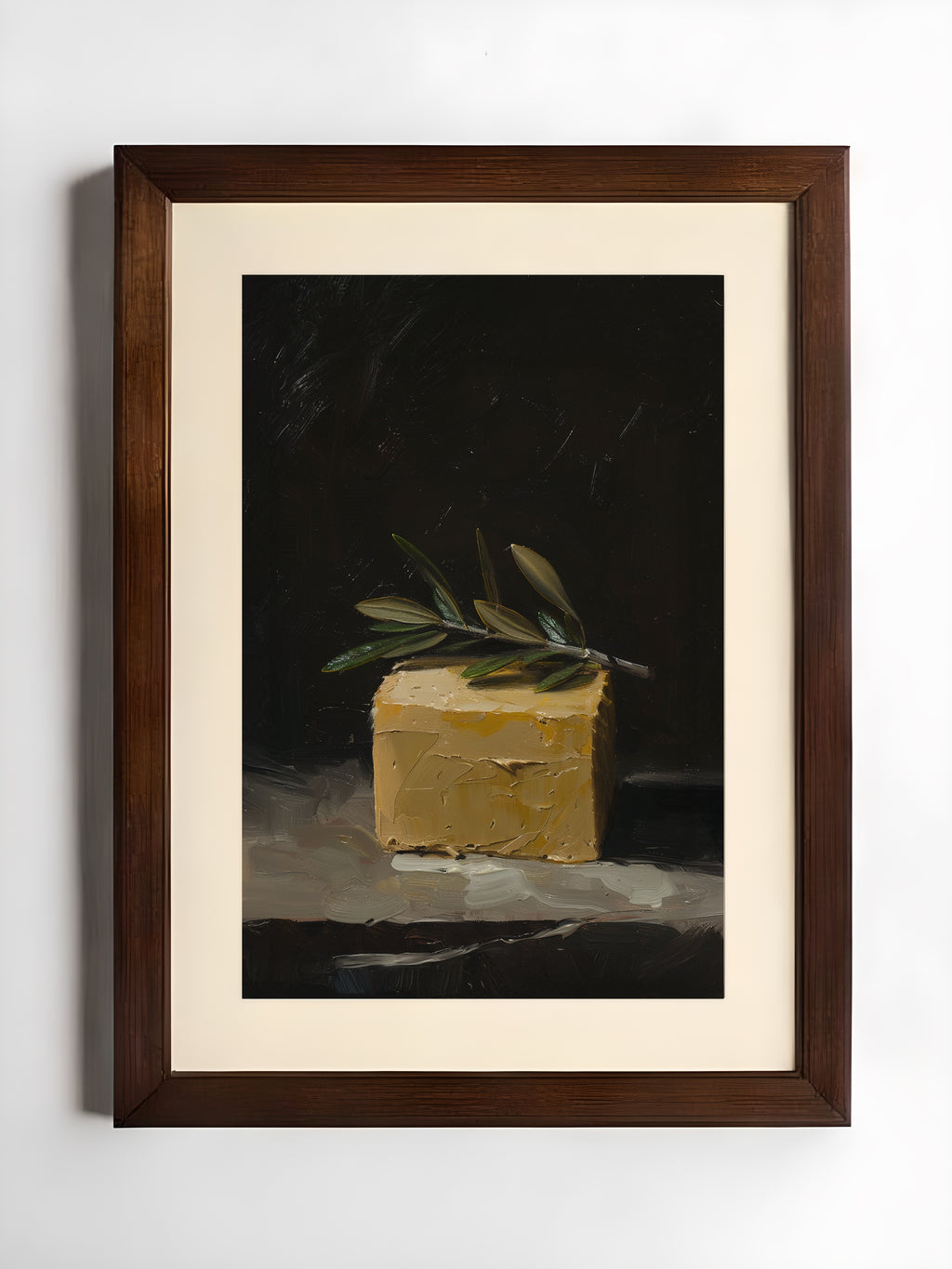 oil style still life painting of a butter block topped with an olive branch on a dark background, classical textured artwork with warm light