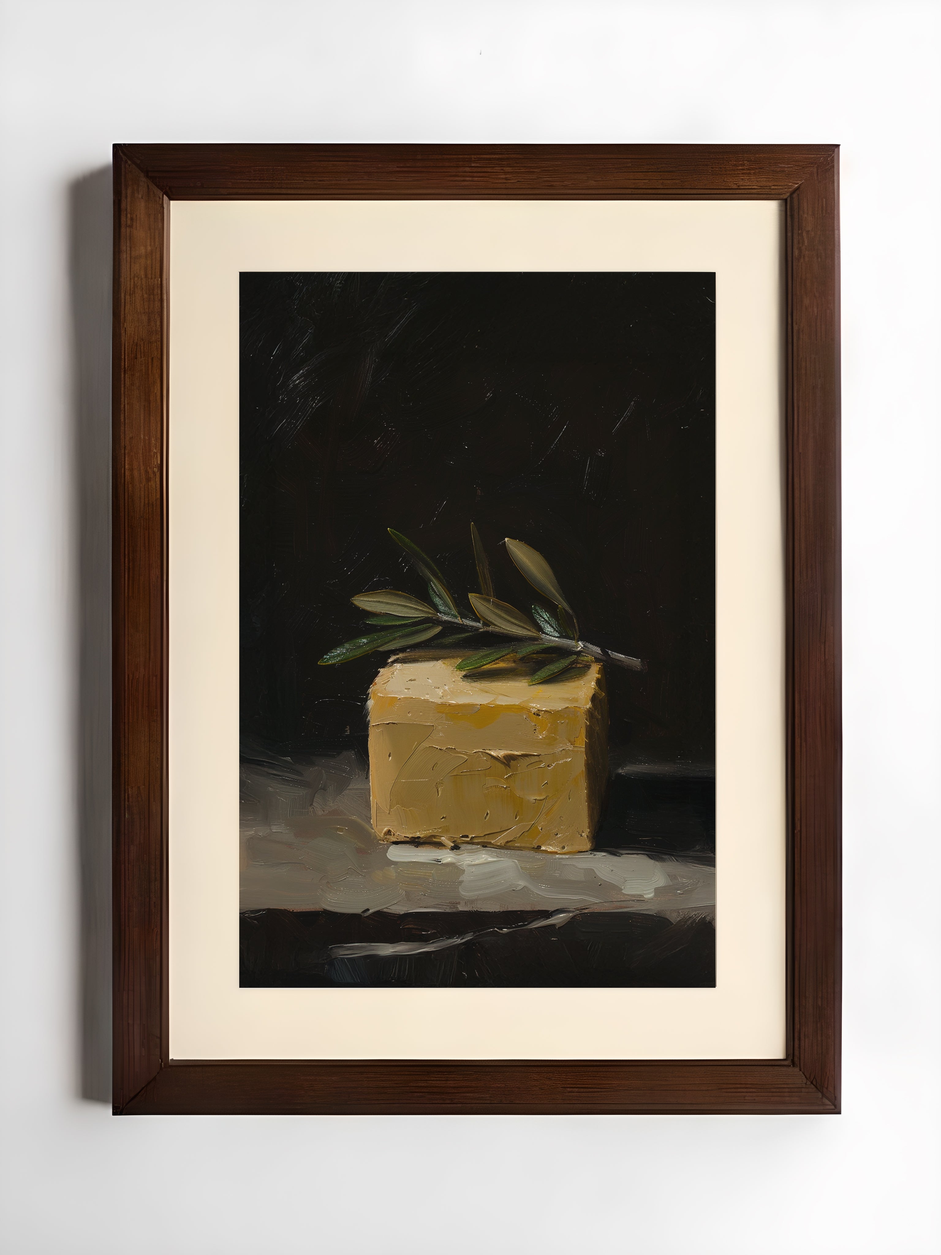 oil style still life painting of a butter block topped with an olive branch on a dark background, classical textured artwork with warm light