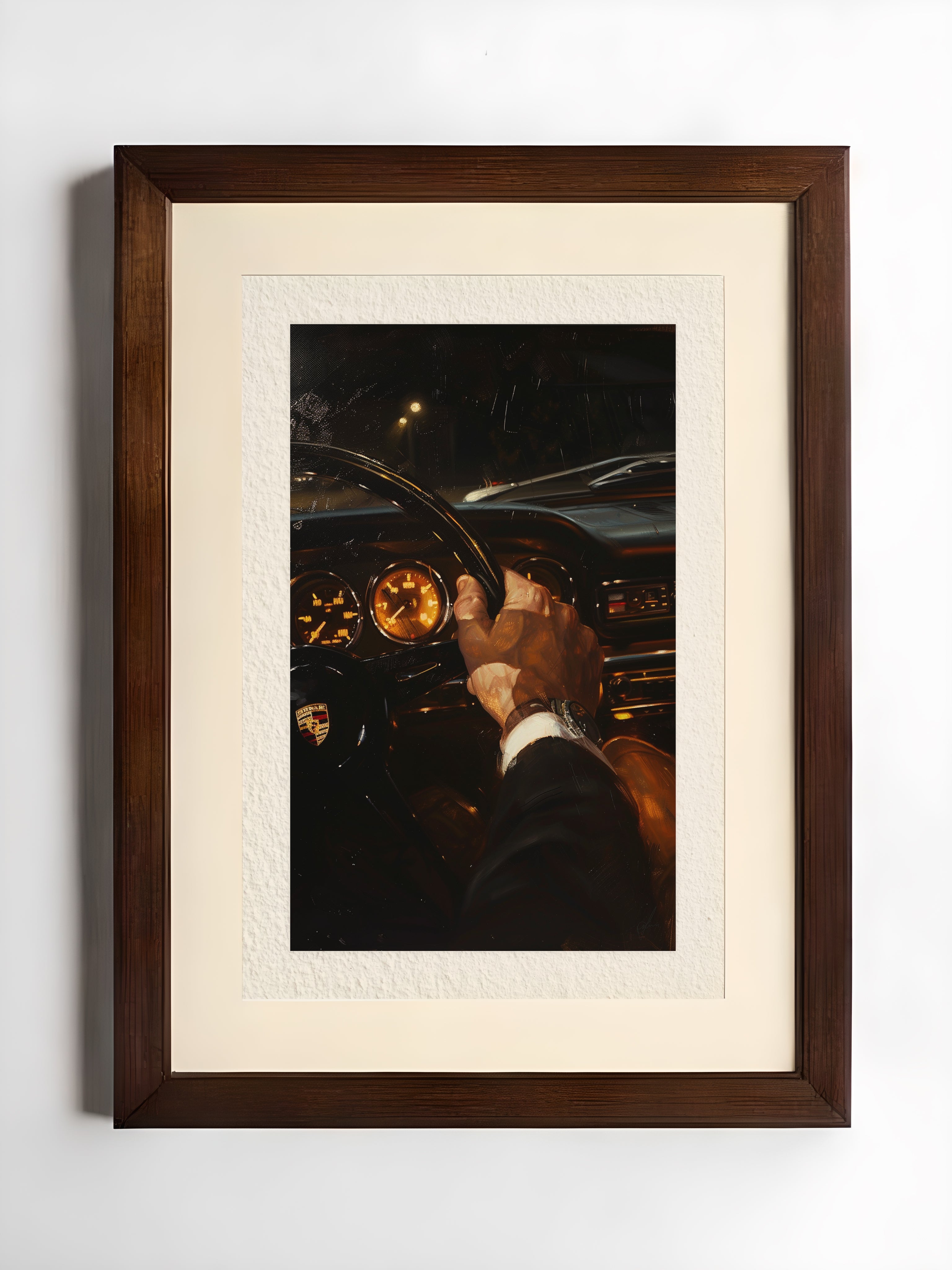 Framed artwork of a person adjusting a car's dashboard light inside a vehicle.