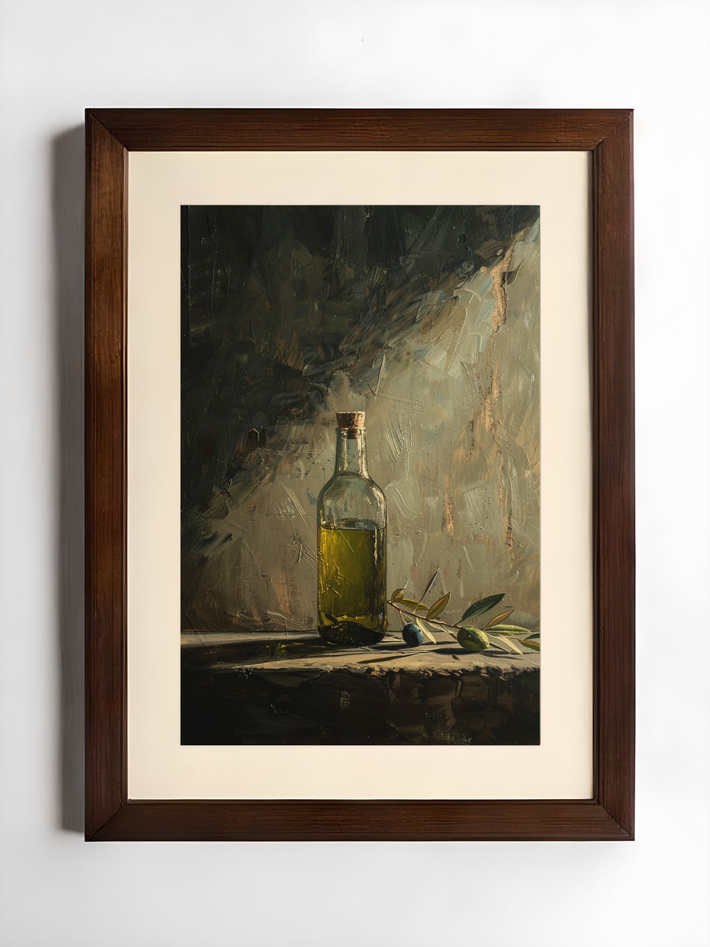 oil style still life painting of a bottle of olive oil with olives on a table, warm textured artwork in classical European style