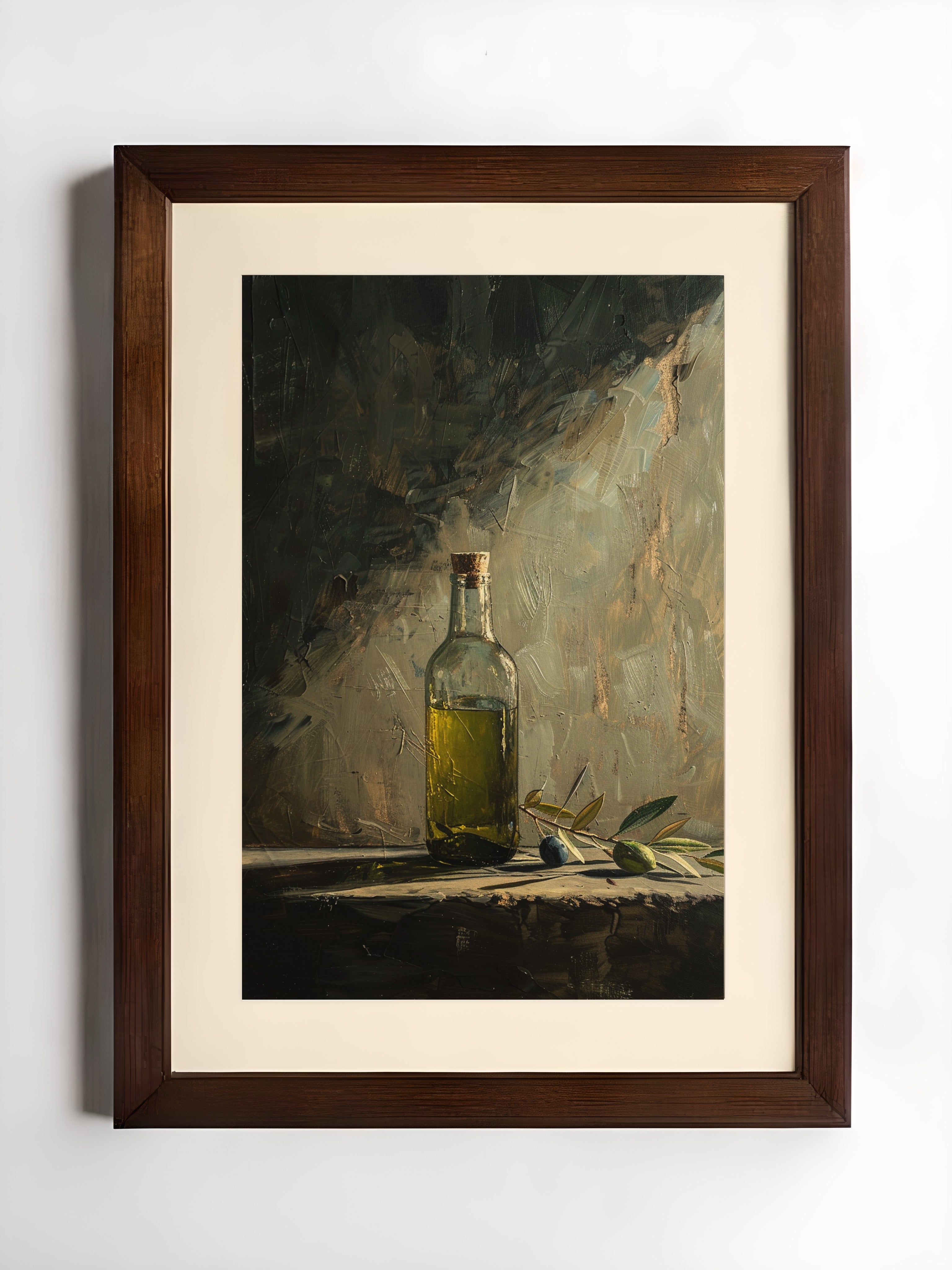 oil style still life painting of a bottle of olive oil with olives on a table, warm textured artwork in classical European style