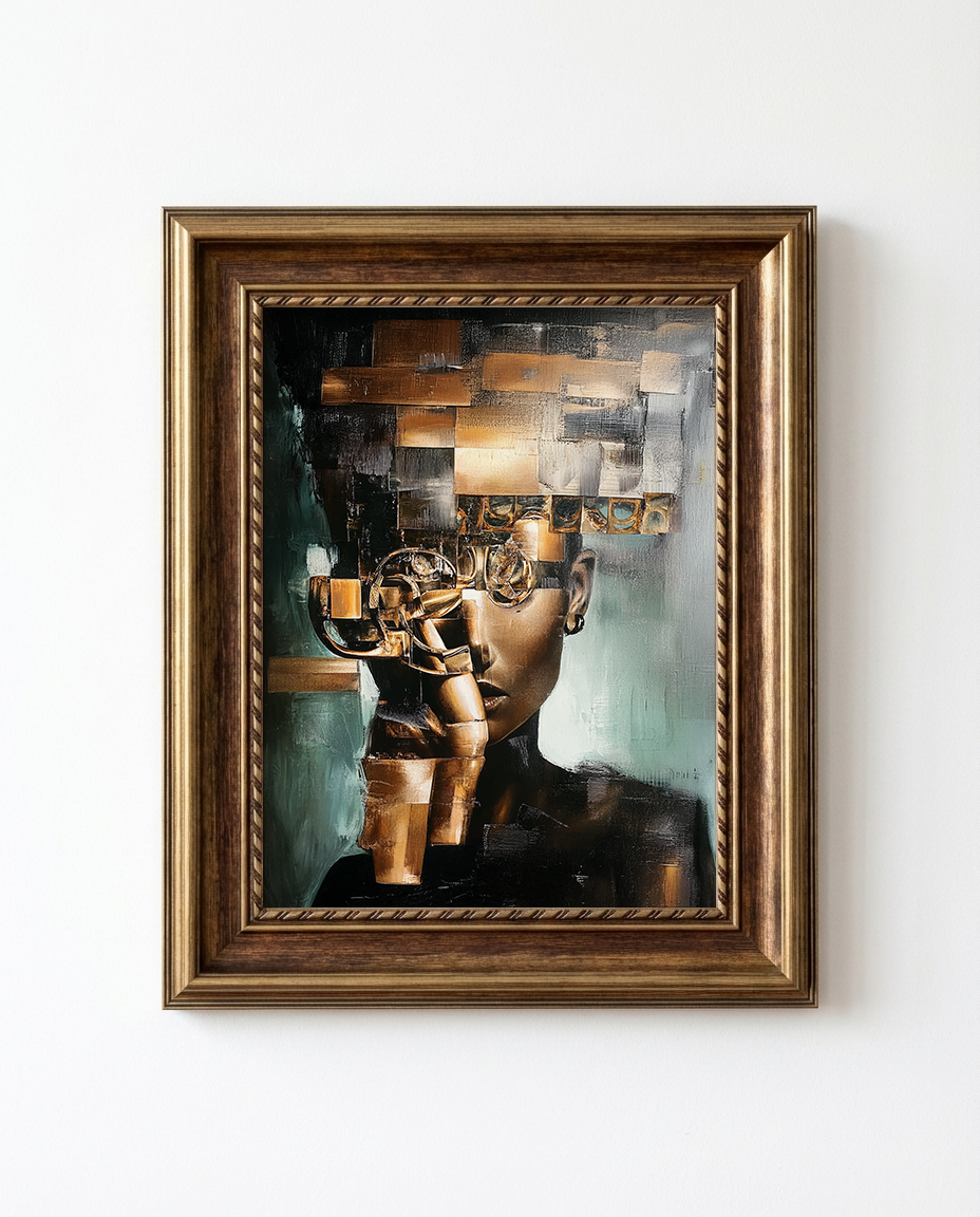 Framed abstract artwork with geometric shapes on a white wall