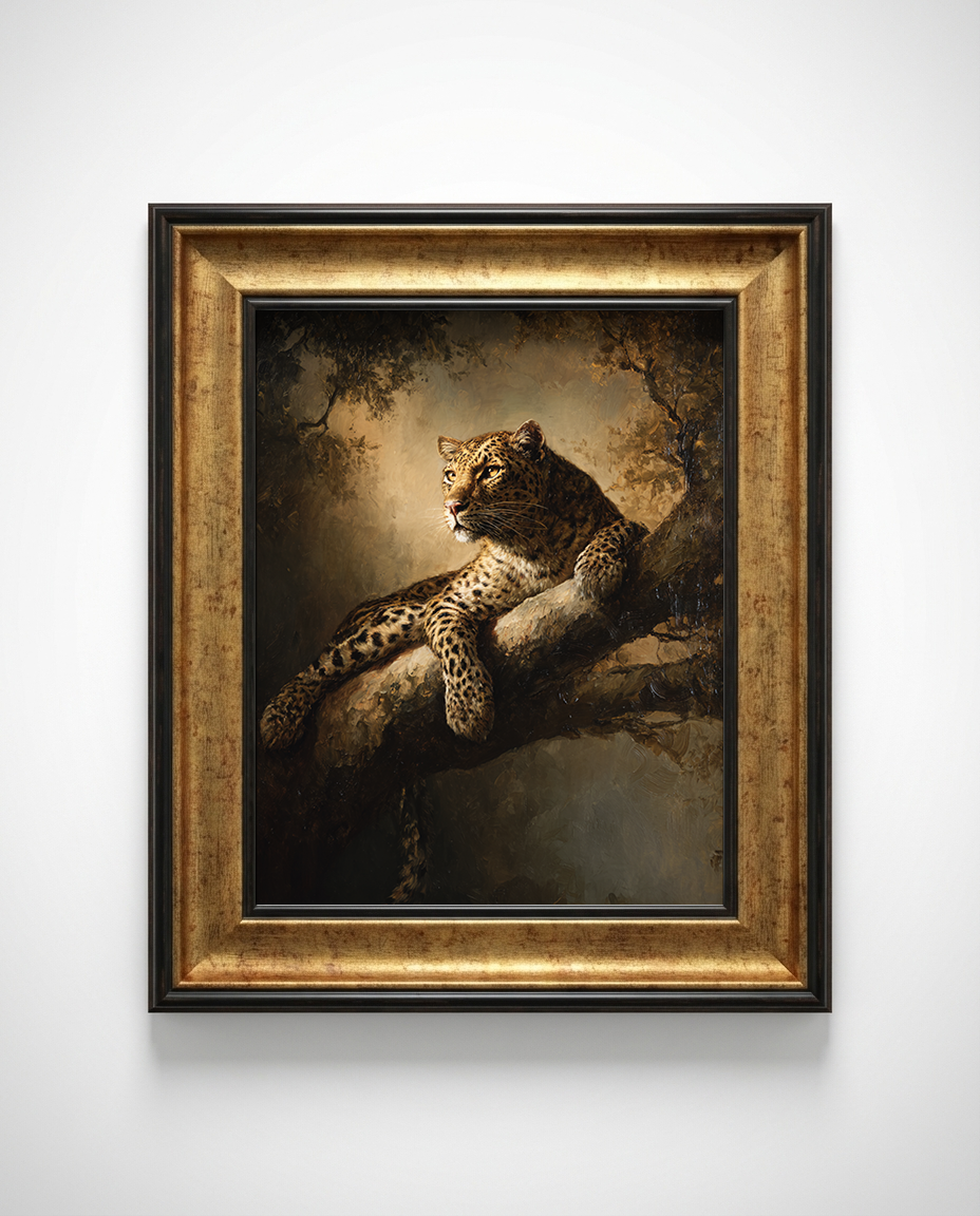 Framed artwork of a leopard on a branch against a white wall