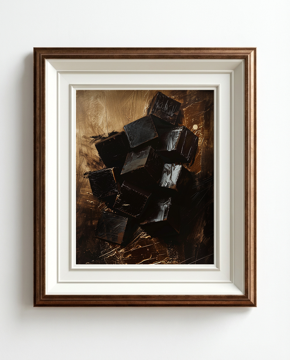 Framed abstract art piece with dark brown and black tones on a white wall