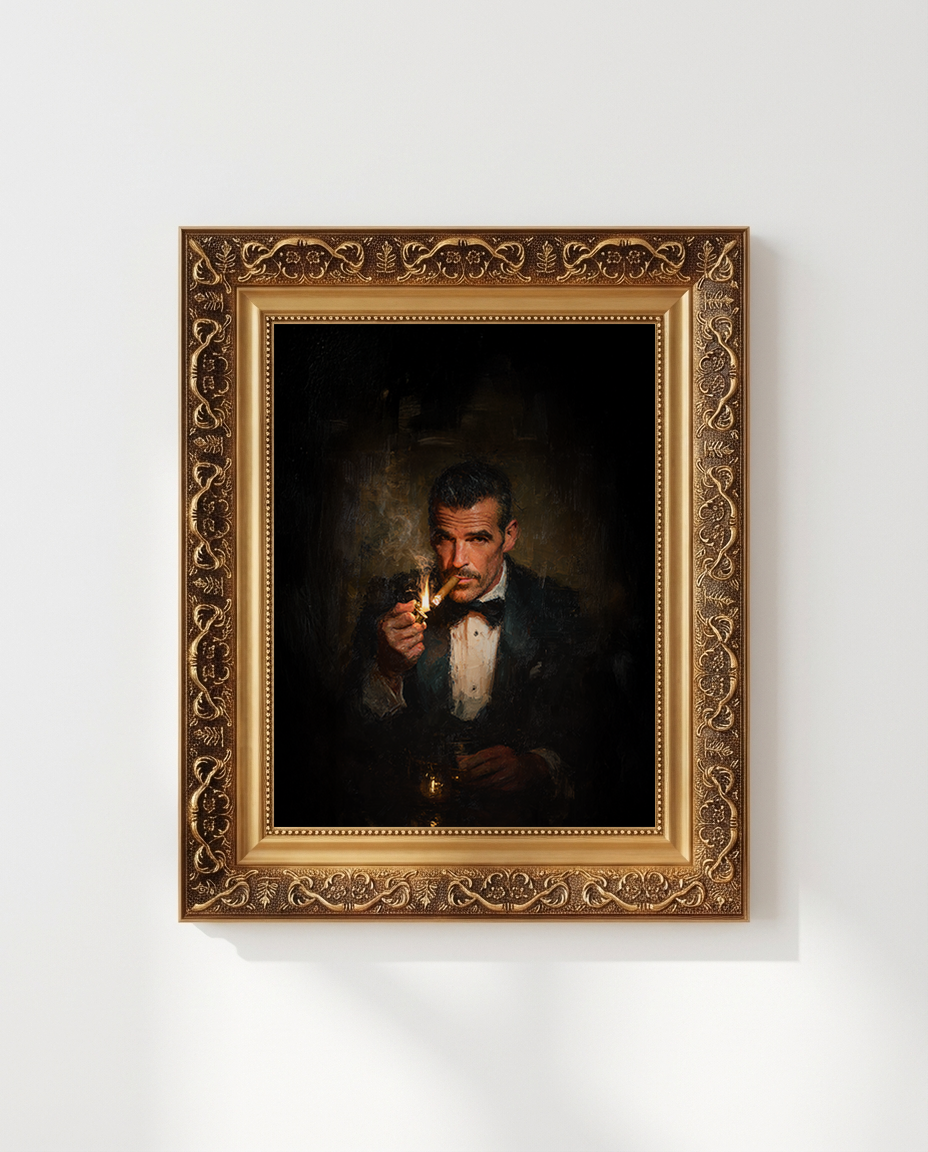 Framed portrait of a man holding a candle against a dark background