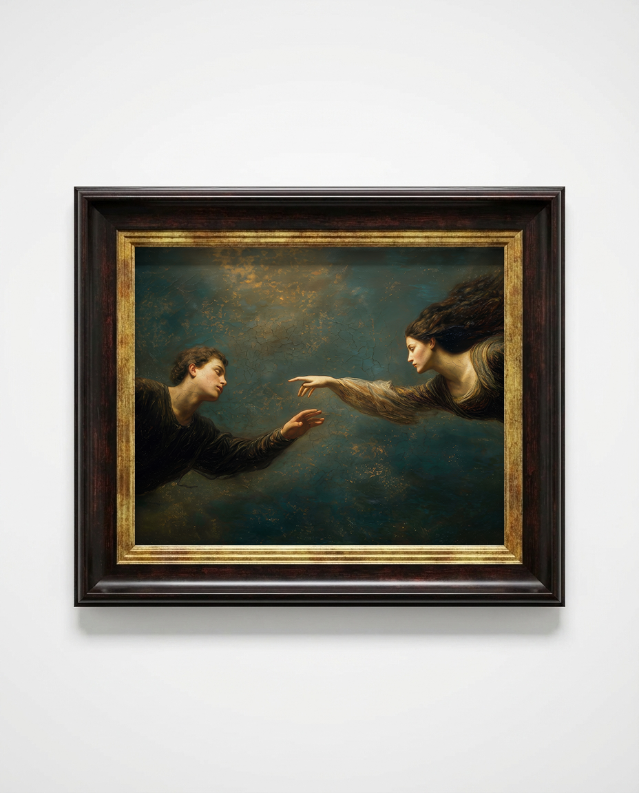 Framed painting of two figures reaching towards each other on a white wall