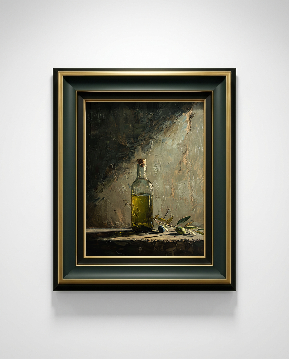 Framed painting of a bottle on a table with a gray background