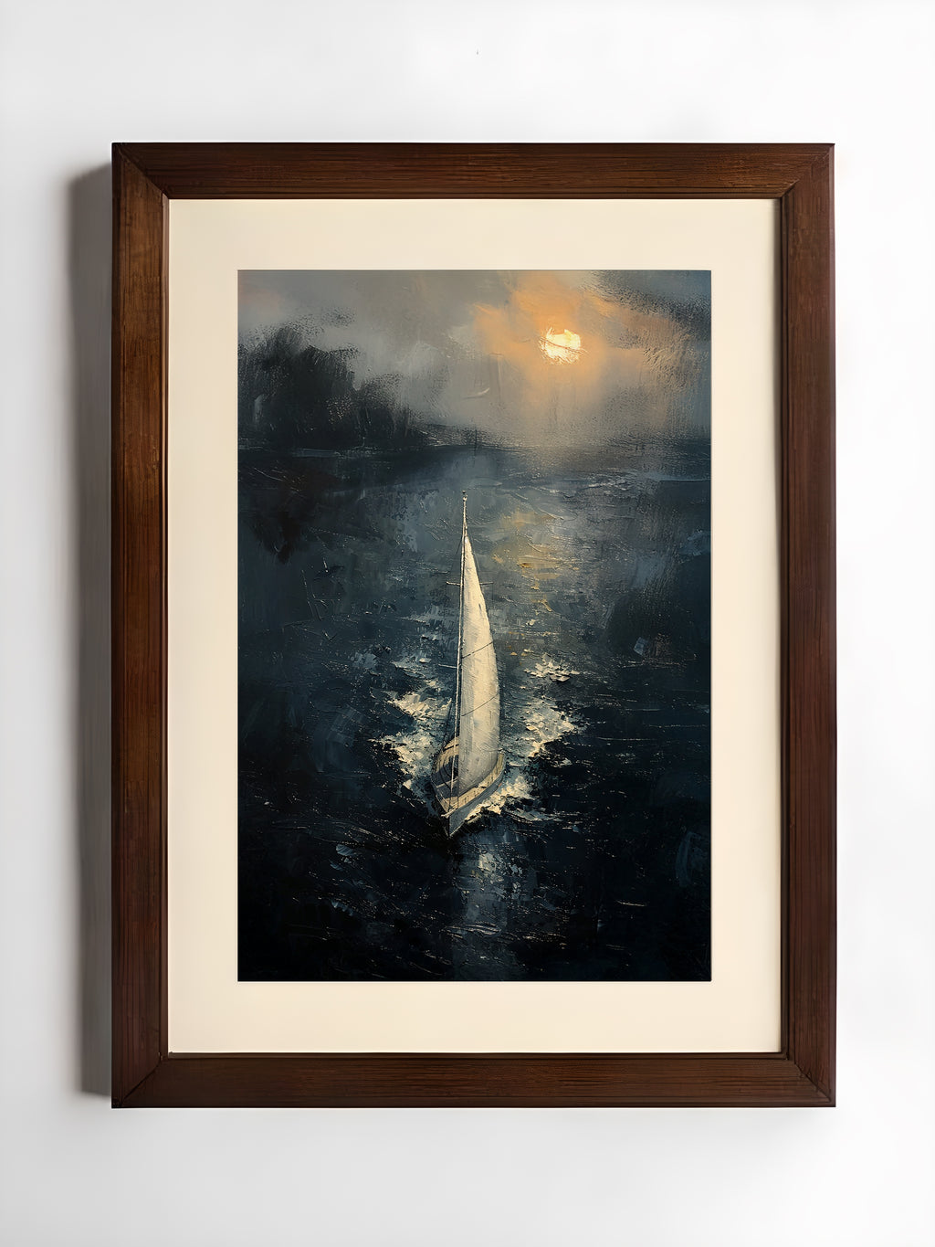 Framed painting of a sailboat on a stormy sea with a dark brown frame.