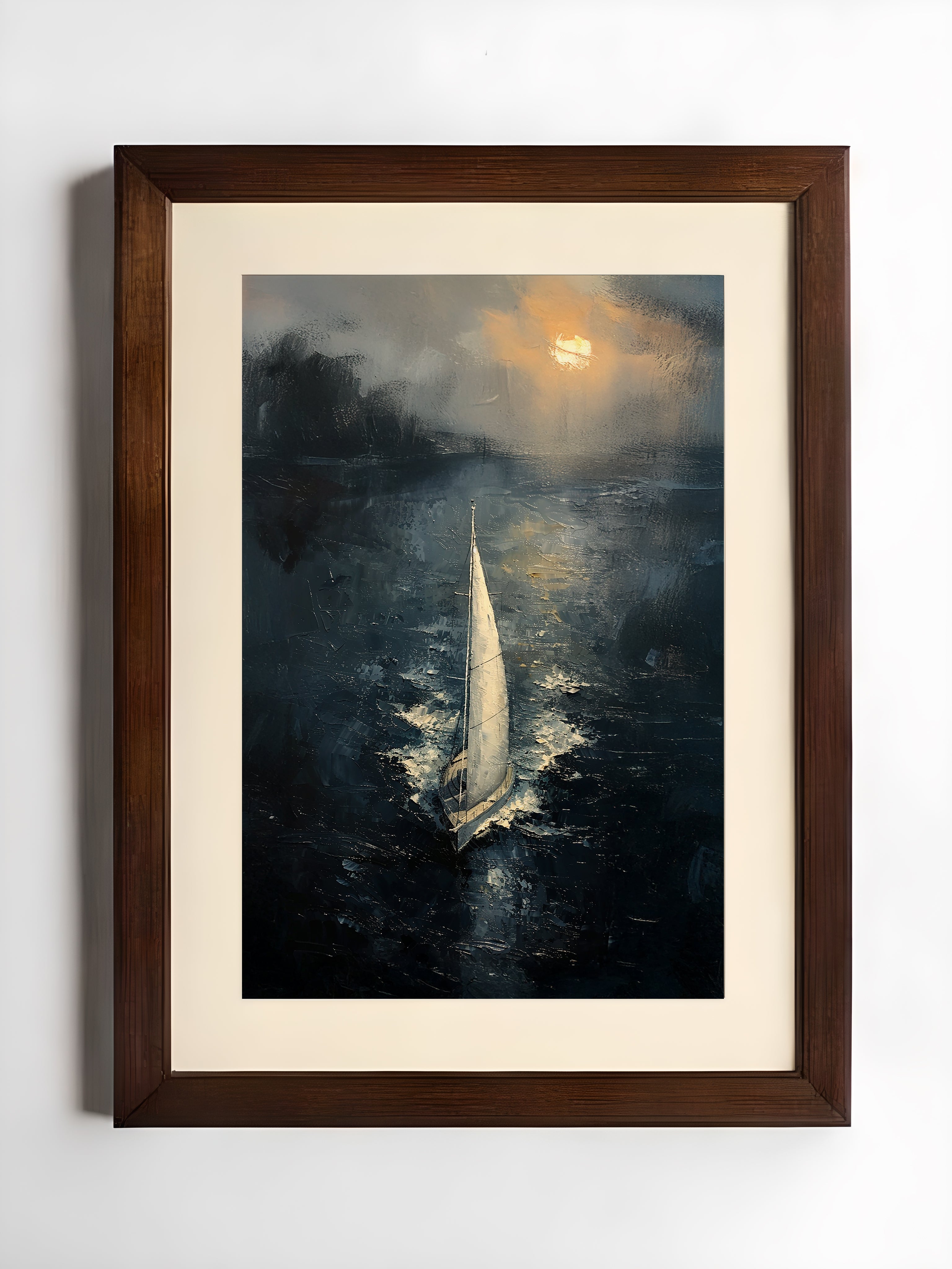 Framed painting of a sailboat on a stormy sea with a dark brown frame.