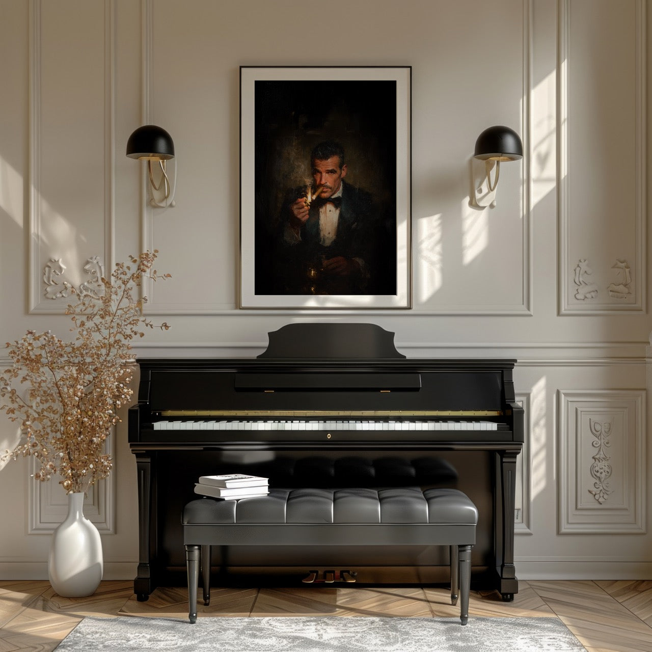 Black piano in a room with a portrait above it, wall sconces, and decorative elements.