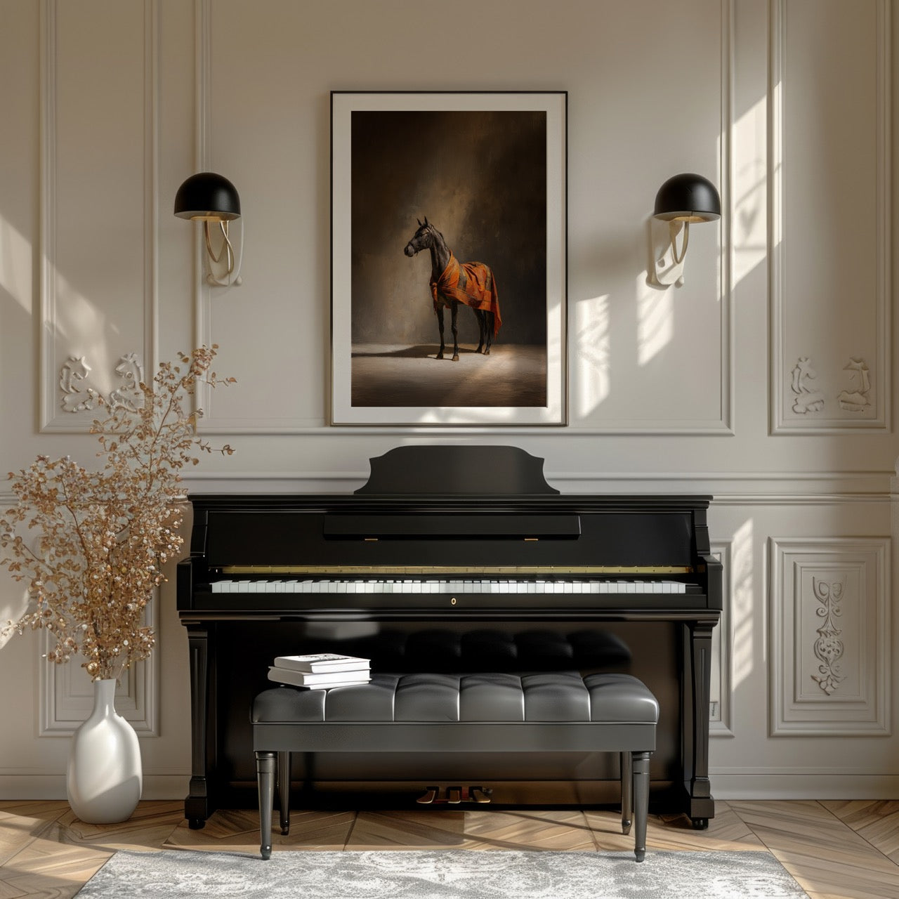 Black piano in a room with a horse painting on the wall and decorative elements.