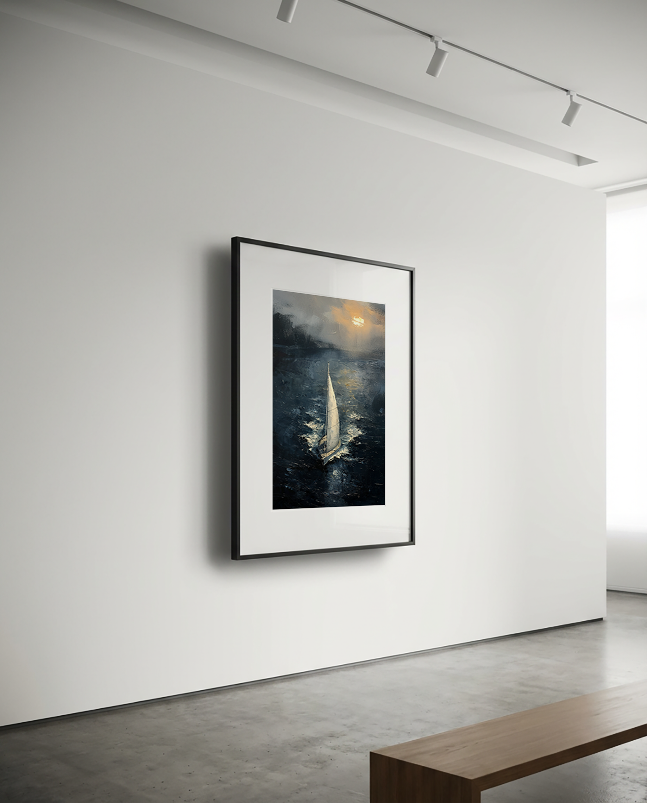 Framed art print of a sailboat painting in a black frame with white matting, displayed on a gallery-style wall.