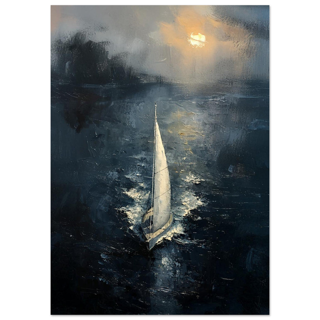 Unframed oil style painting of a sailboat moving through dark blue water under a glowing dusk sky.