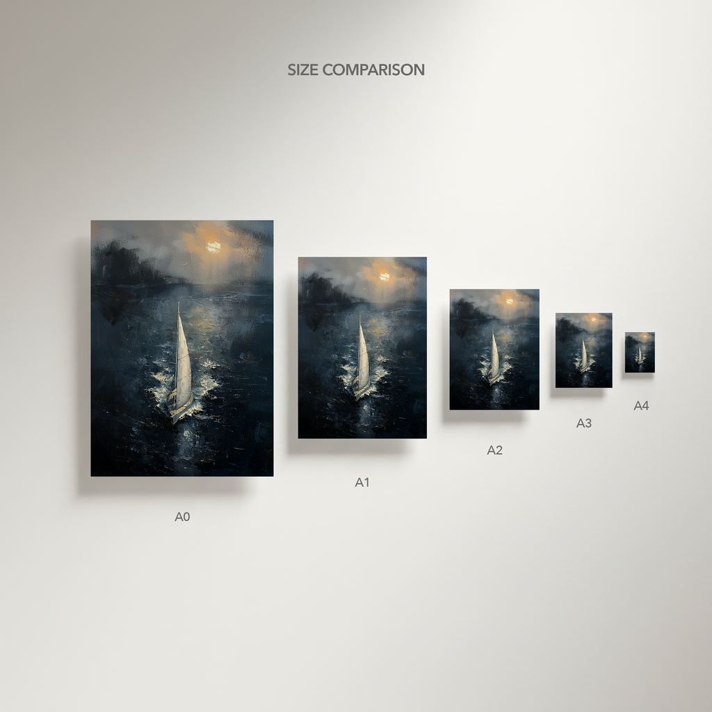 Size comparison of the sailing artwork shown in A0, A1, A2, A3, and A4 print formats on a minimal wall.