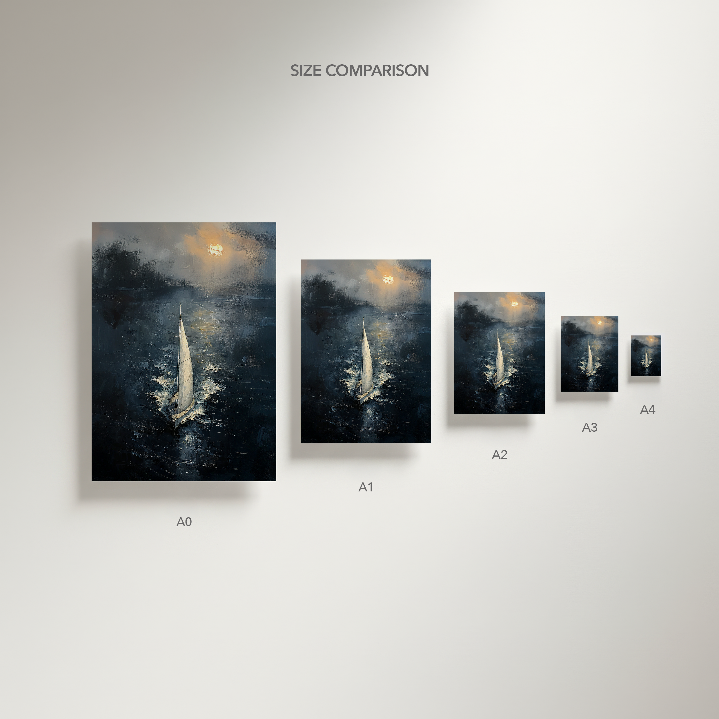 Size comparison of the sailing artwork shown in A0, A1, A2, A3, and A4 print formats on a minimal wall.