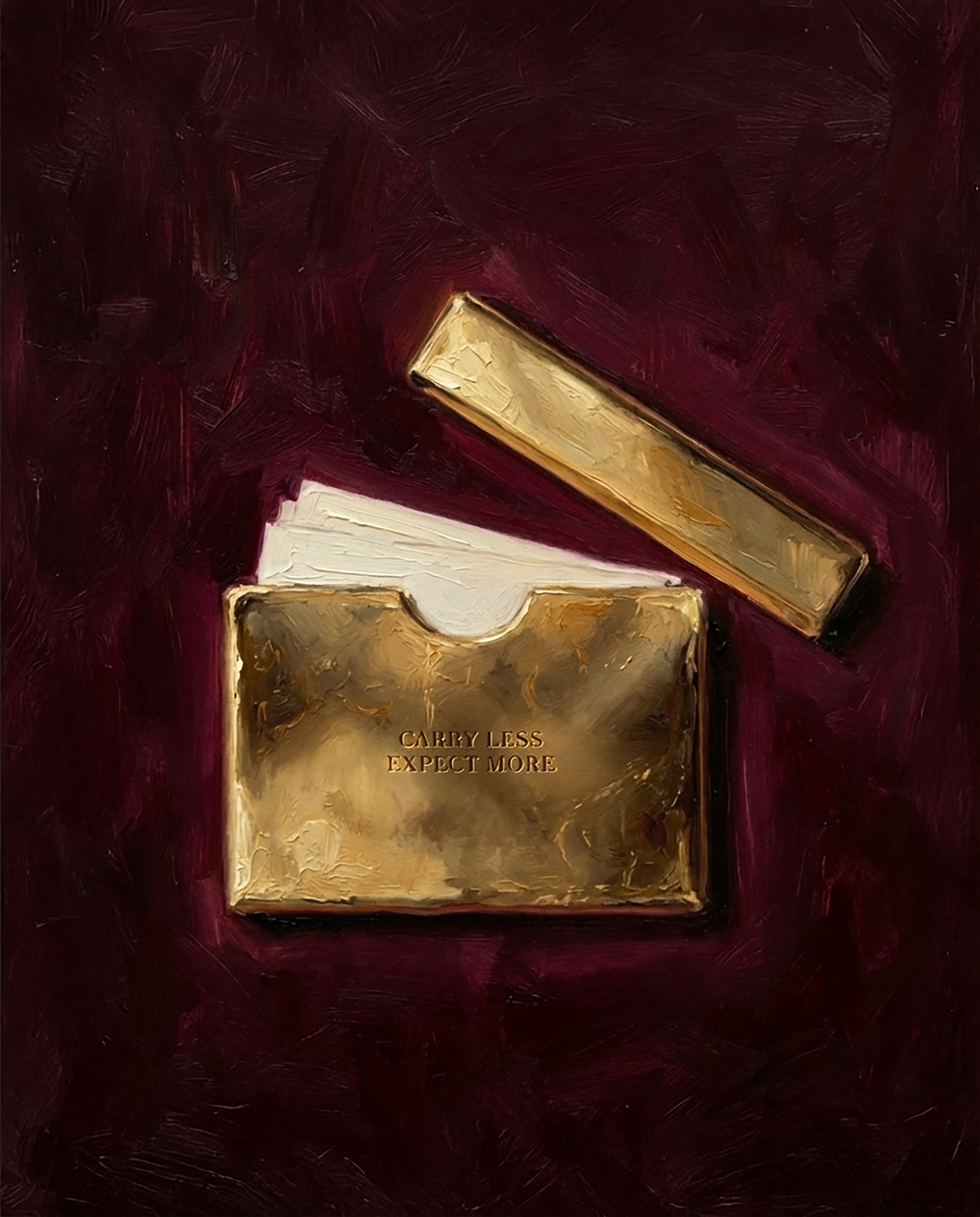 Gold wallet with cards on a dark red textured background