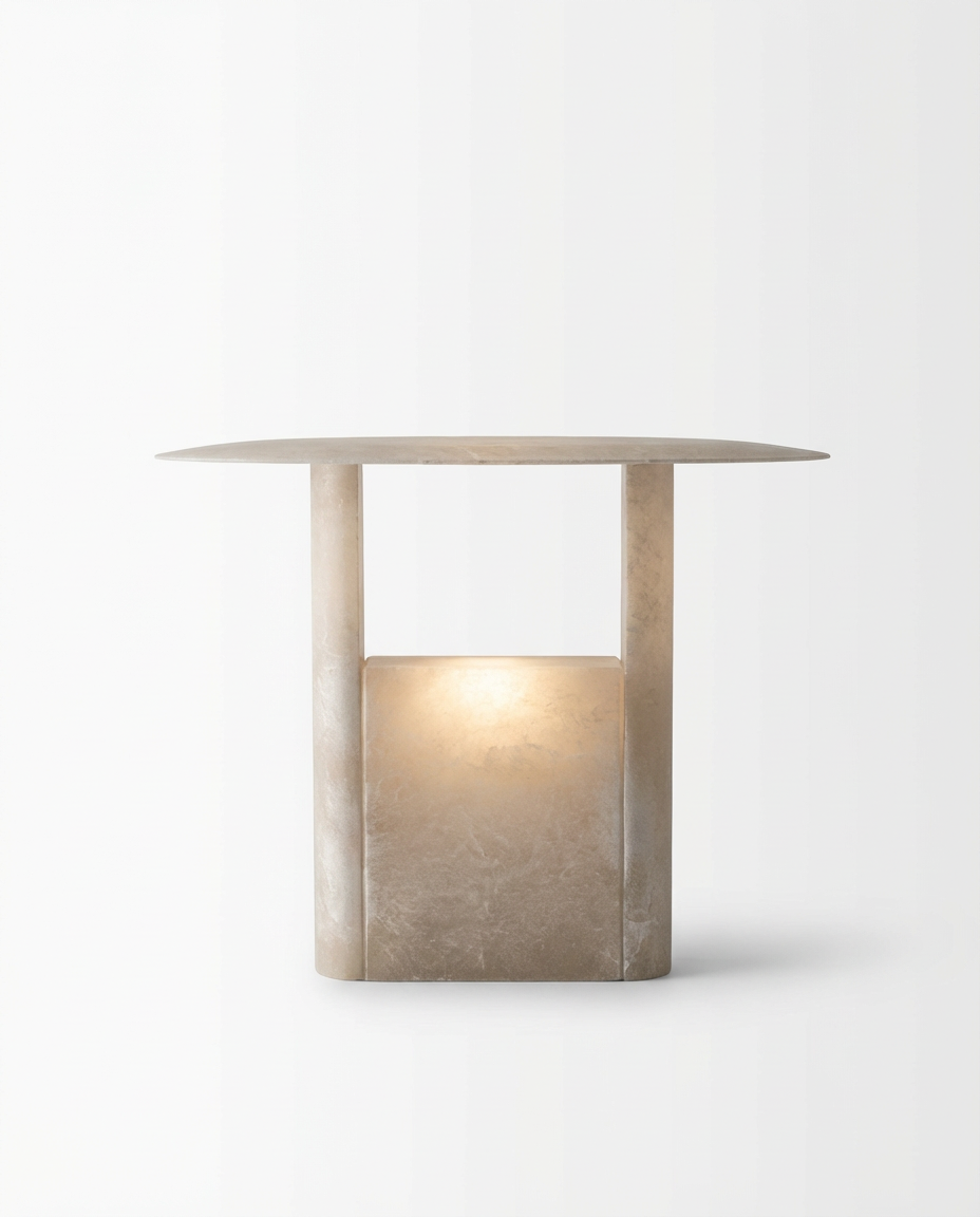 Modern side table with a lighted candle on a white background
