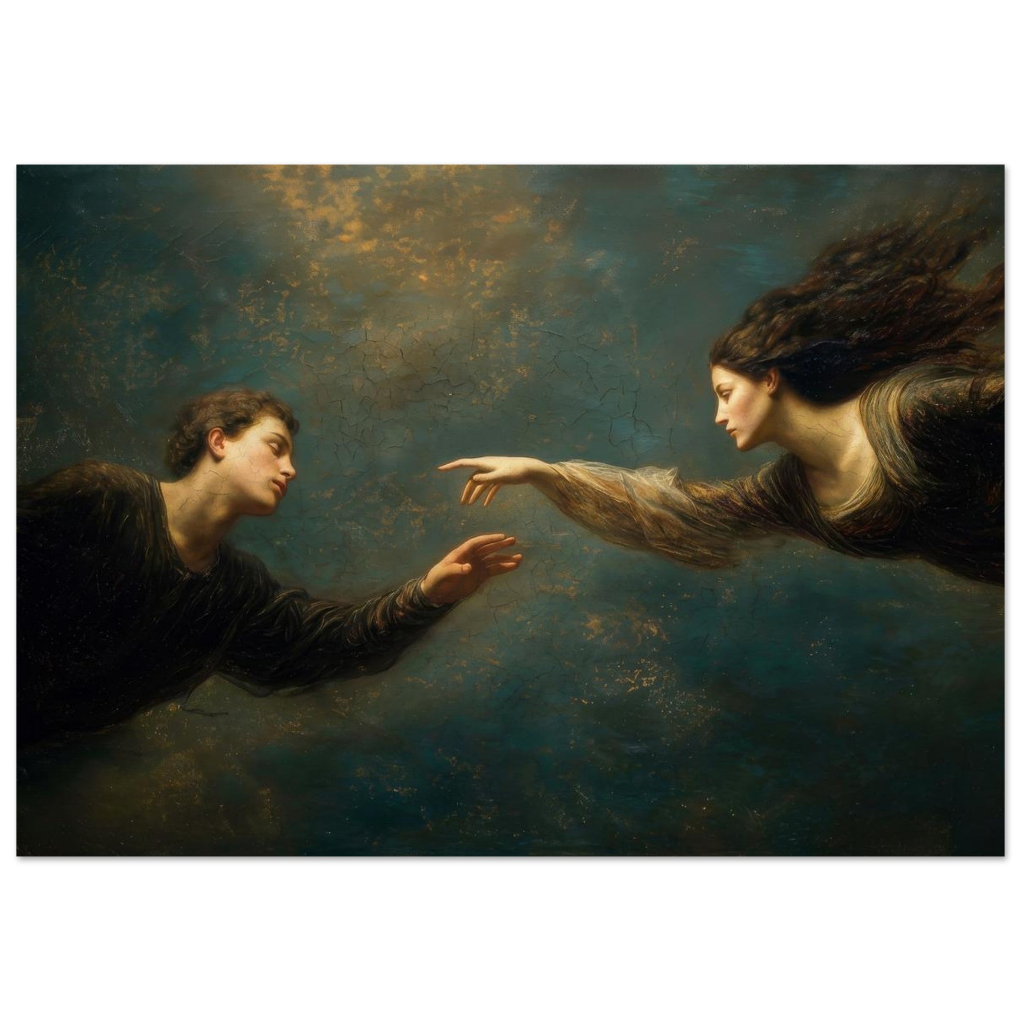 oil style landscape painting of a man reaching toward a woman in an ethereal scene, romantic figurative artwork inspired by classical frescoes, symbolising longing and emotional distance