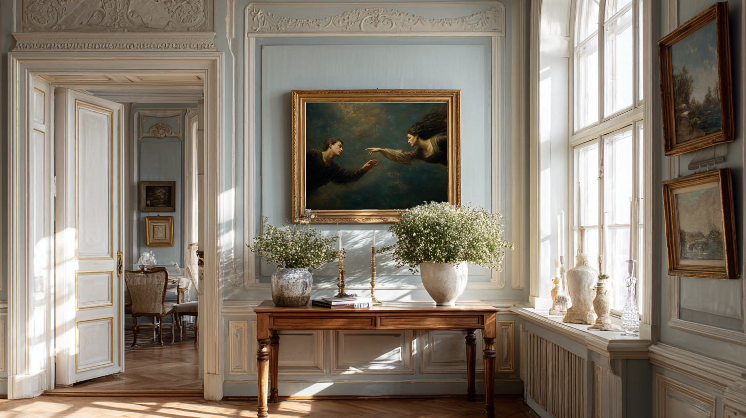 oil style landscape painting of a man reaching toward a woman in an ethereal scene, romantic figurative artwork inspired by classical frescoes, symbolising longing and emotional distance