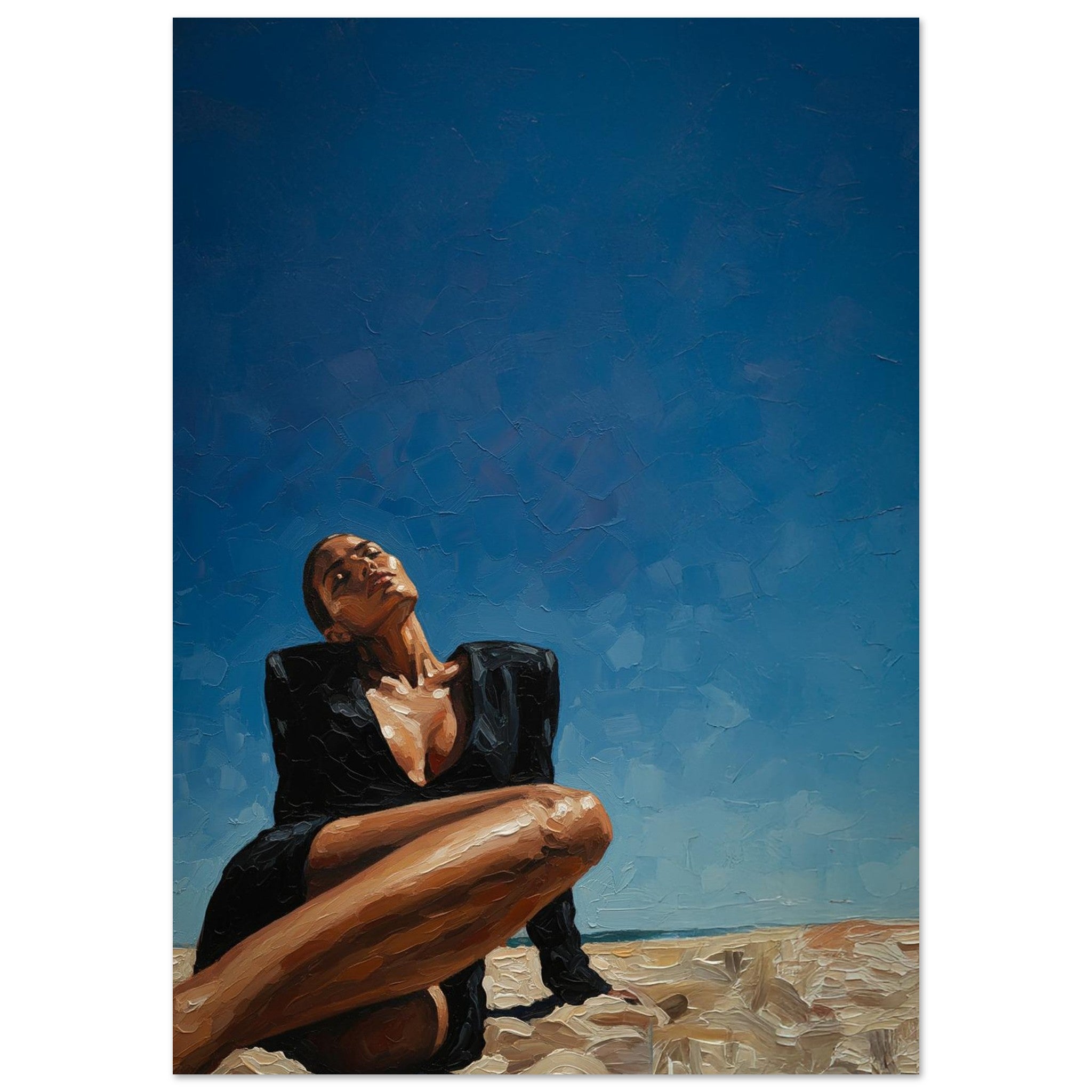 A woman in a black dress sitting on the sand under a vivid blue sky, painted in bold impasto brushstrokes.