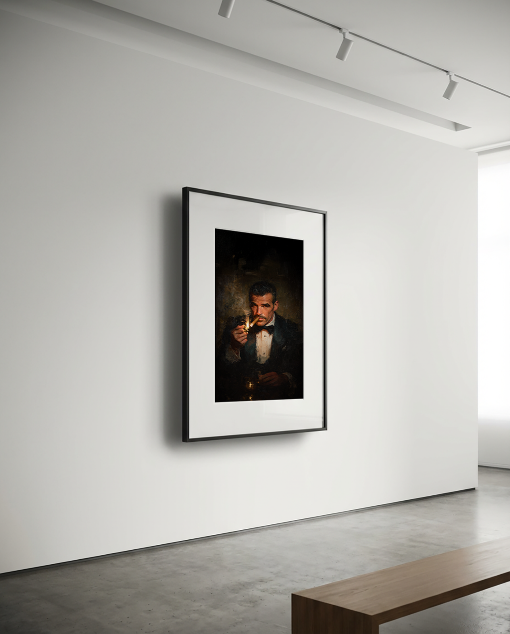 Framed portrait on a white wall in a minimalistic room.