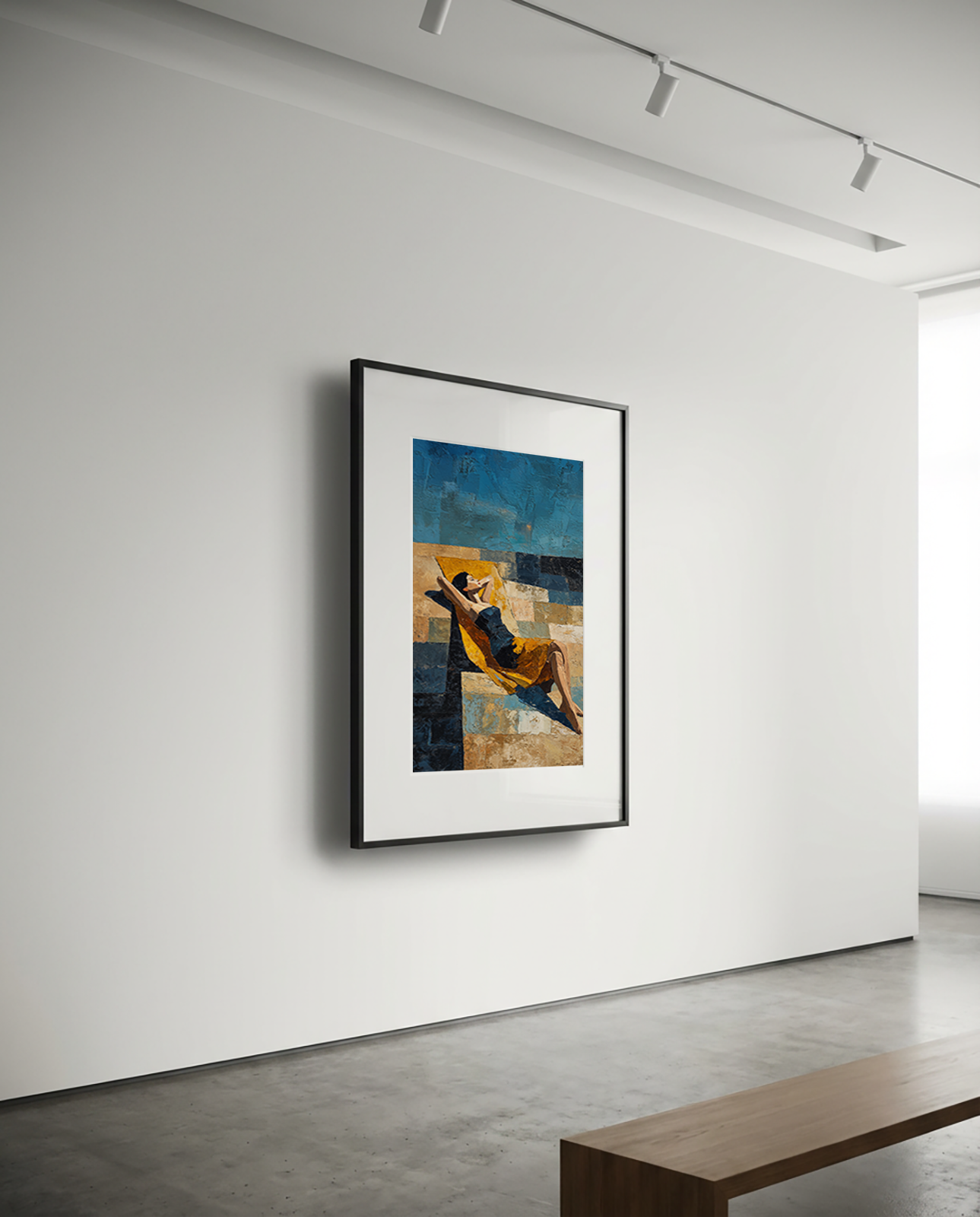 Framed abstract artwork on a white wall in a modern room.