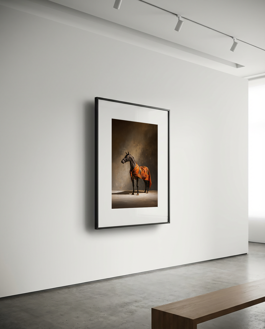 Framed photograph of a horse on a white wall in a modern interior setting.
