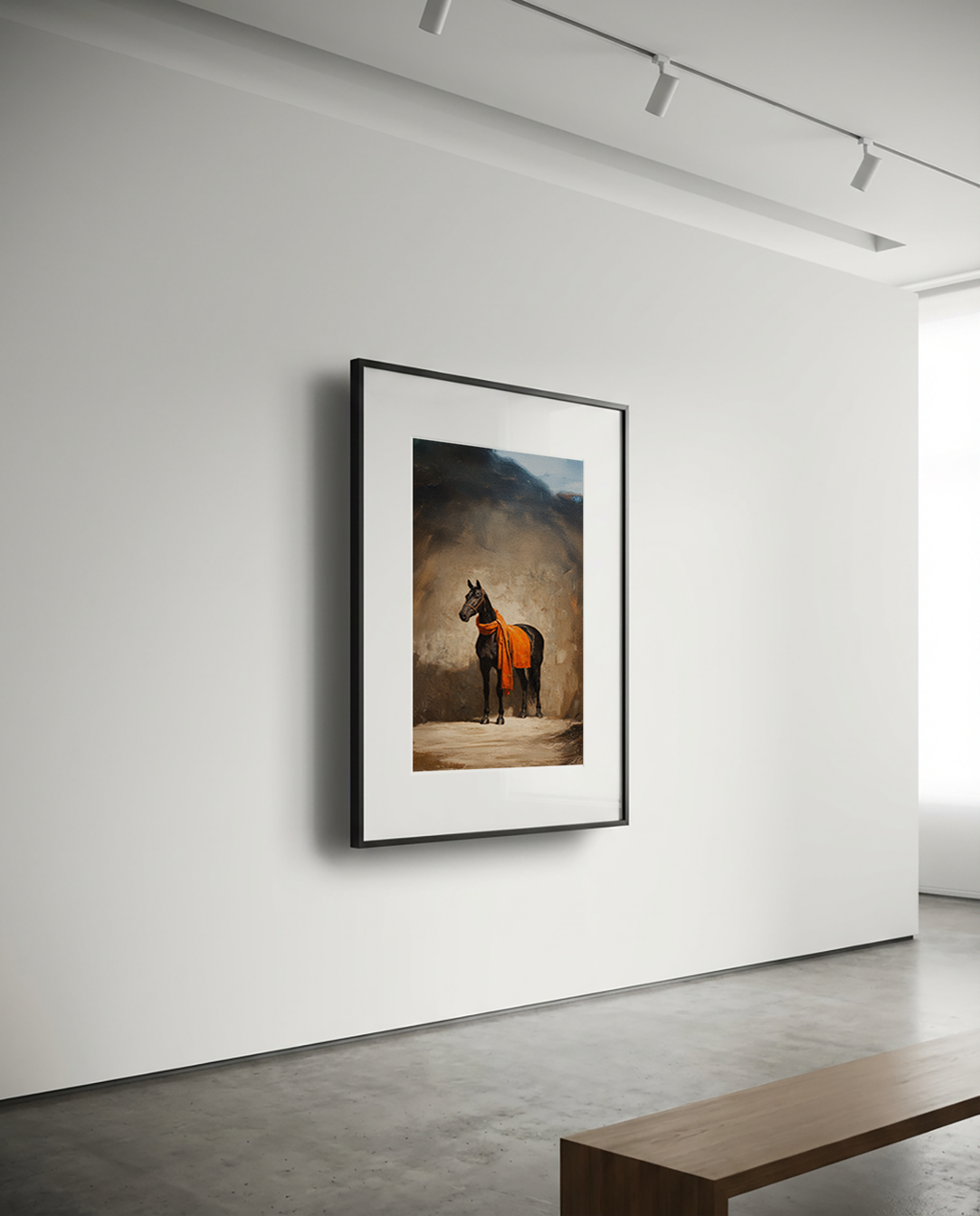 Framed artwork of a horse on a white wall in a modern room.