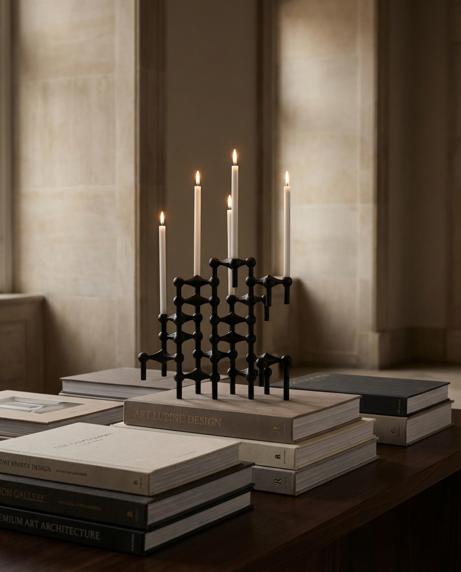 Decorative black candle holder with lit candles on stacked books against a neutral wall.
