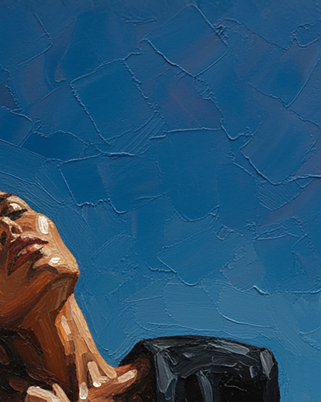 Artistic depiction of a face with a blue textured background