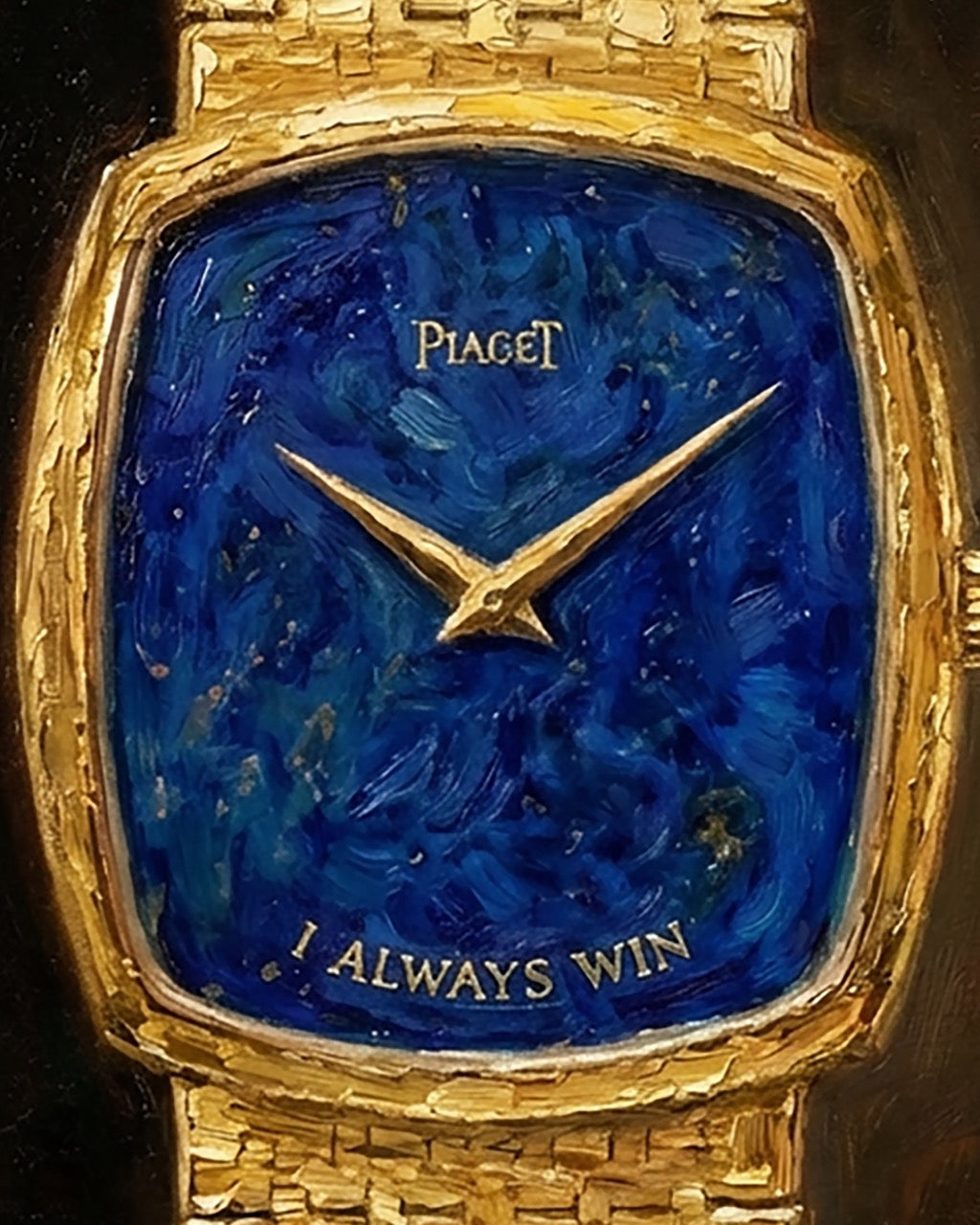 Gold watch with blue face and 'Piaget' branding, featuring the text 'I Always Win'.