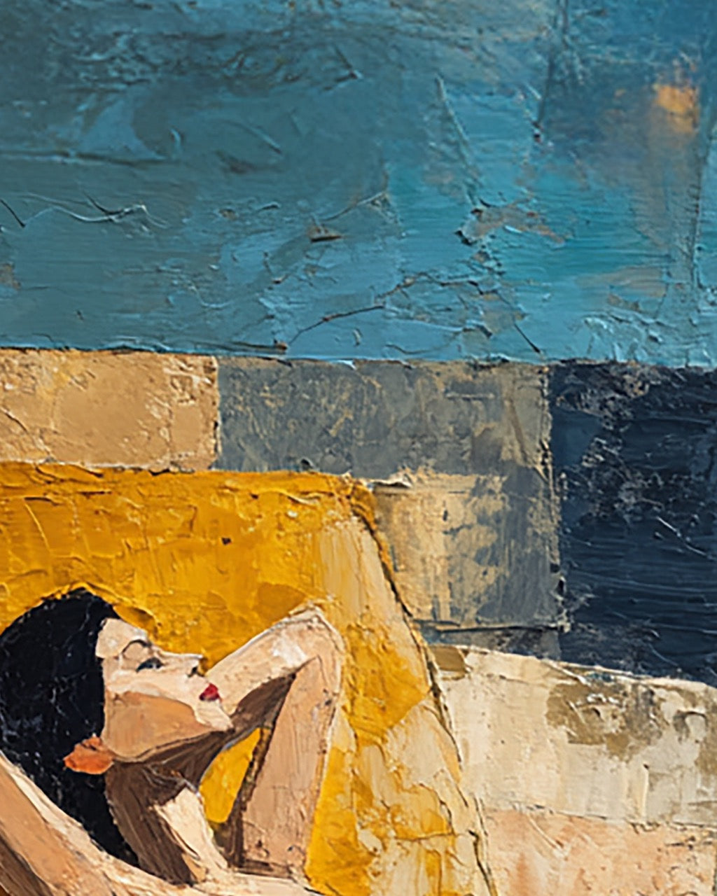 Abstract painting with geometric shapes and a stylized face.