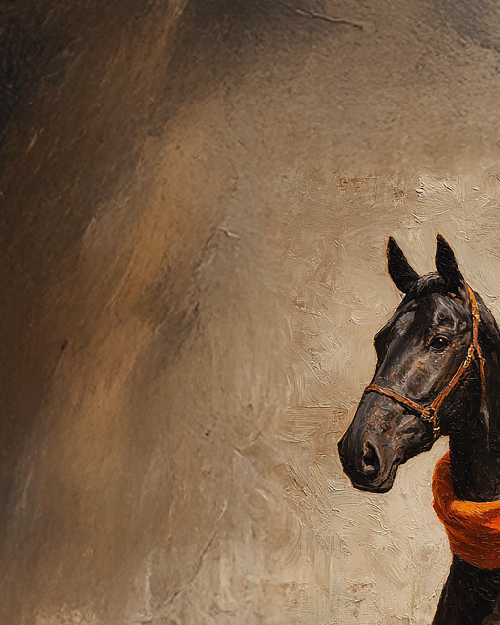 Horse head with bridle against a textured beige wall