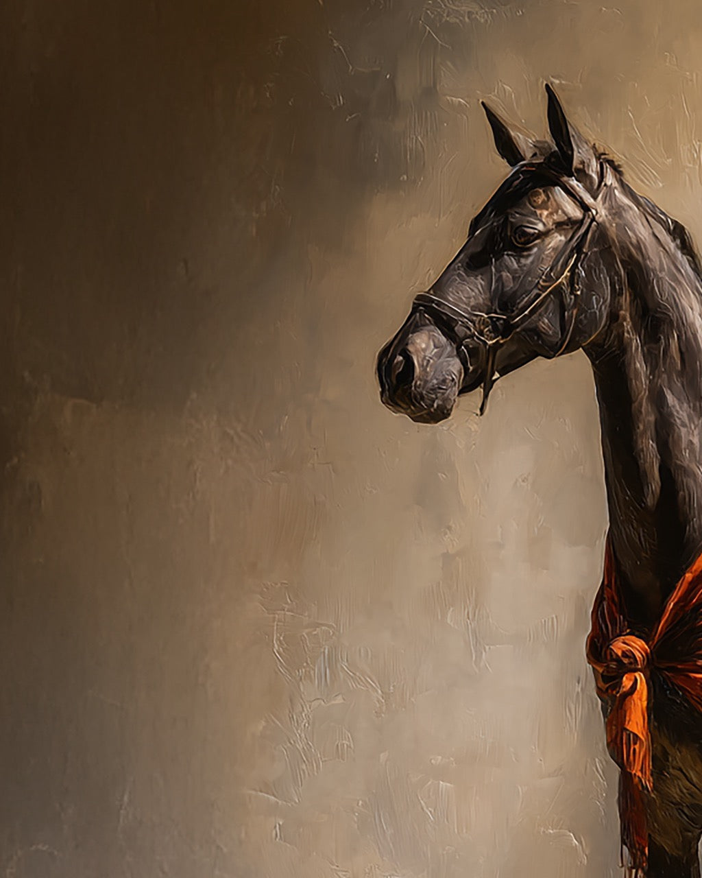 Horse with a bridle and orange cloth against a textured brown background