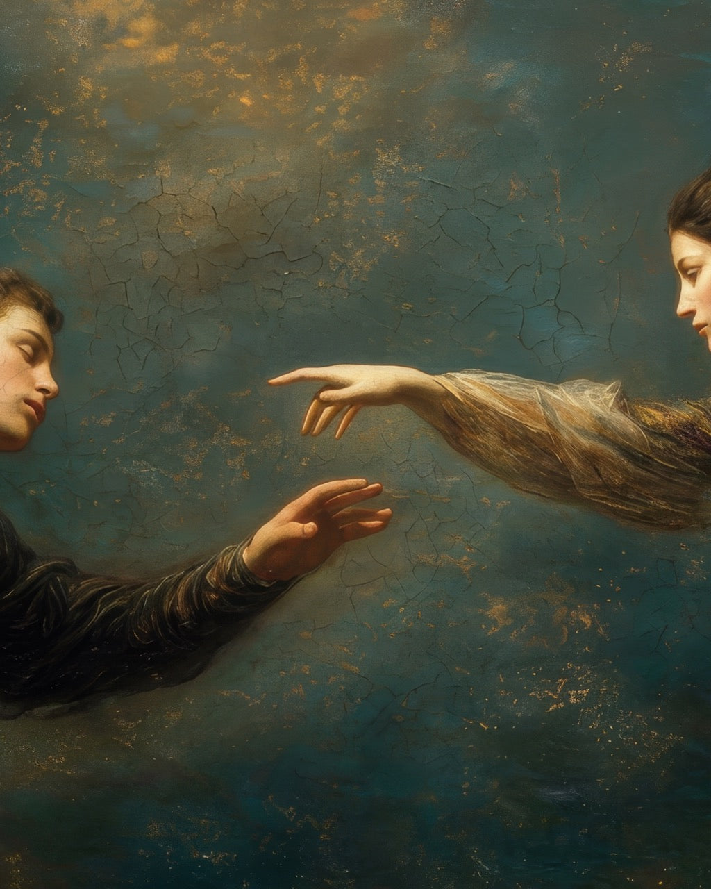 oil style landscape painting of a man reaching toward a woman in an ethereal scene, romantic figurative artwork inspired by classical frescoes, symbolising longing and emotional distance