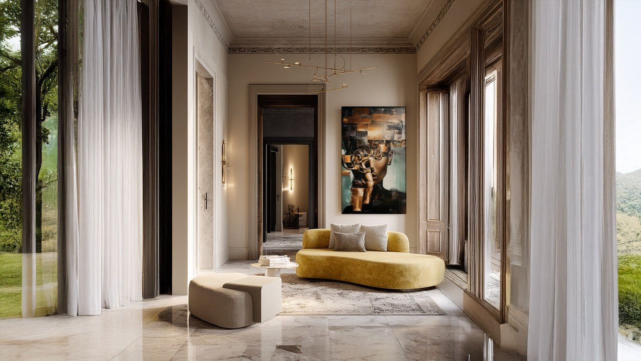 Abstract portrait of a woman with geometric gold elements and metallic textures covering part of her face.