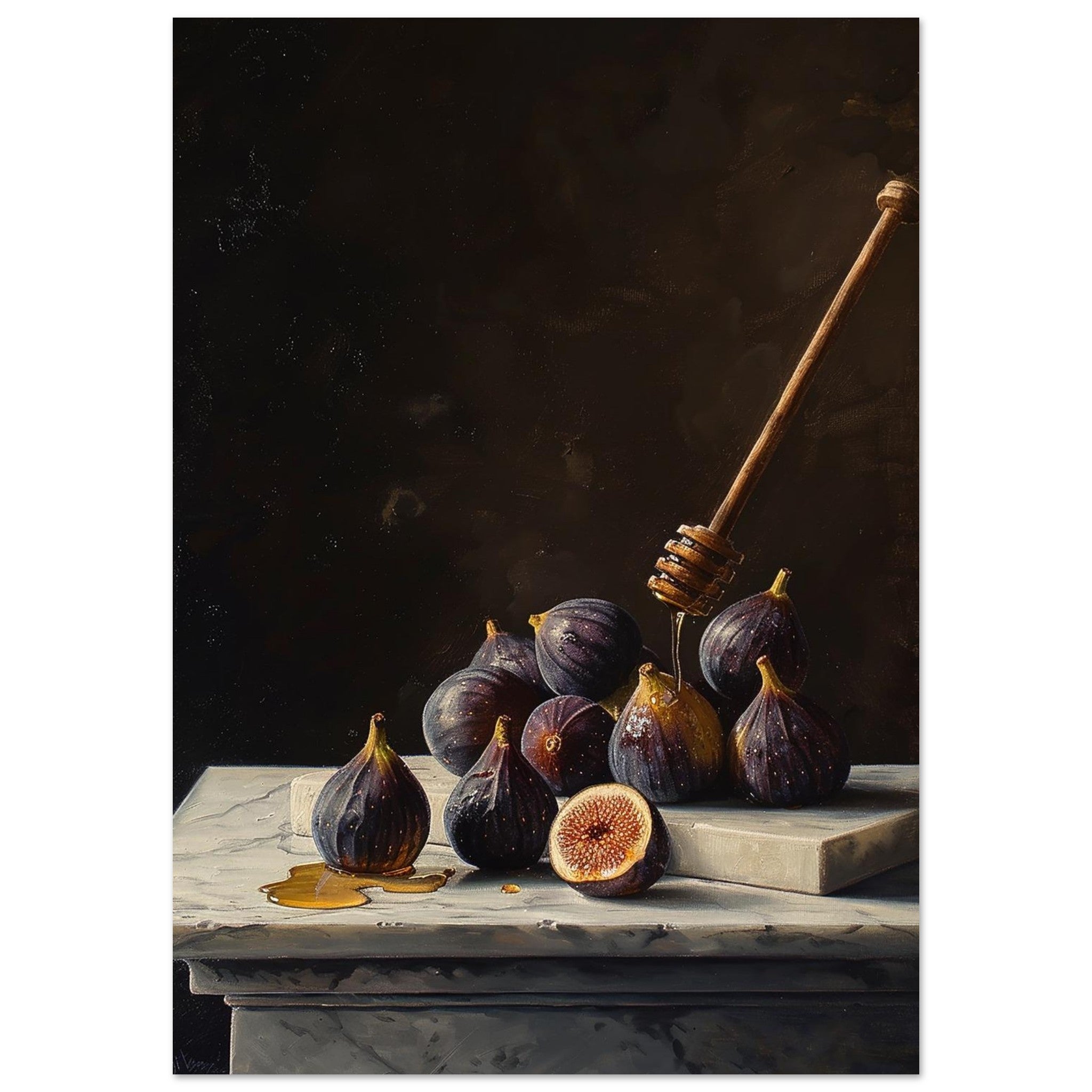 oil style still life painting of figs on marble with honey dripping from a wooden dipper, dark background and rich classical lighting