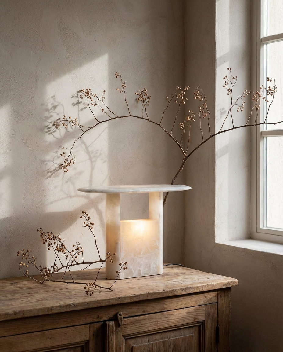 Table lamp on a wooden sideboard with decorative branches in a softly lit room.